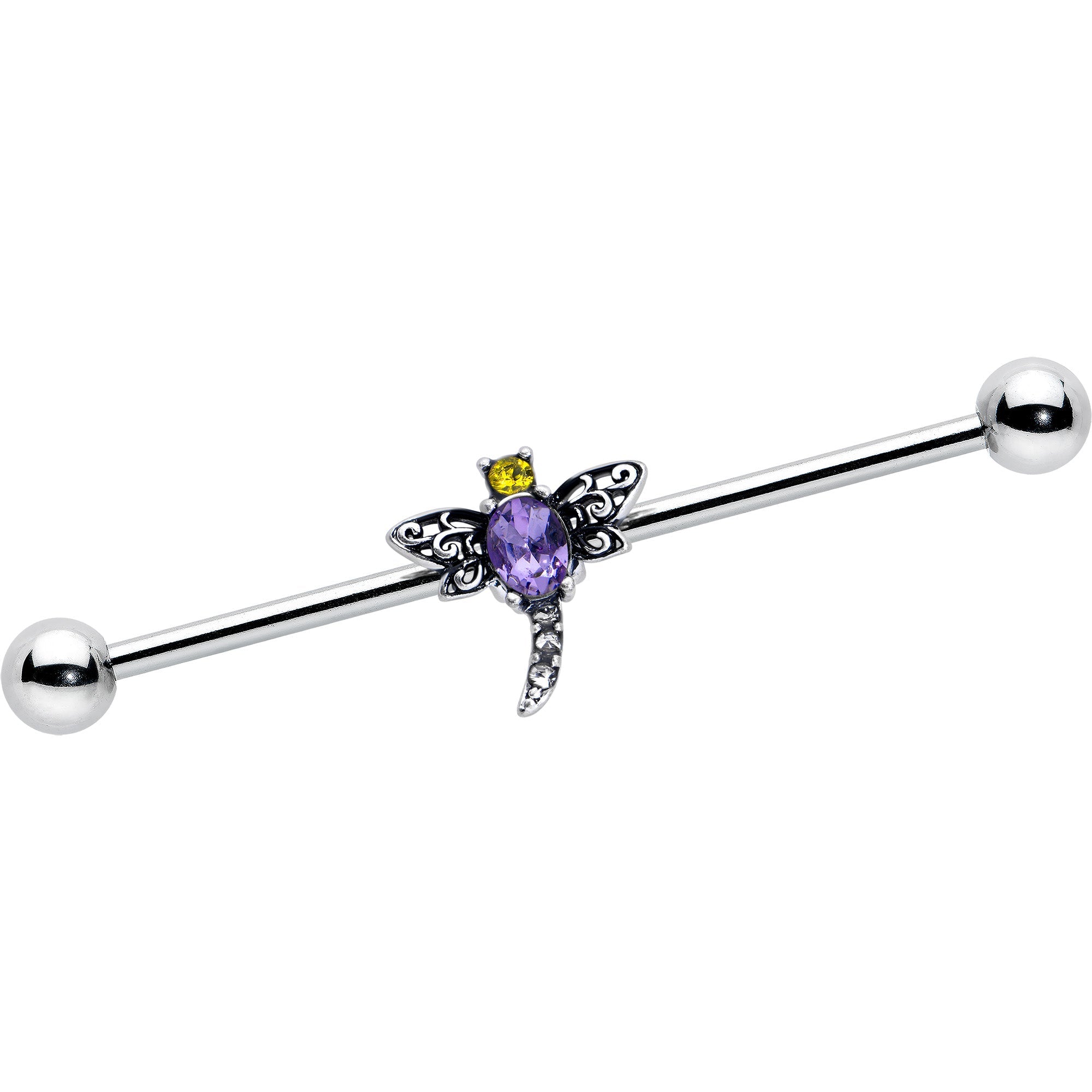 BodyCandy 14G Purple Yellow Gem Dragonfly Industrial Barbell 38mm — main product shot