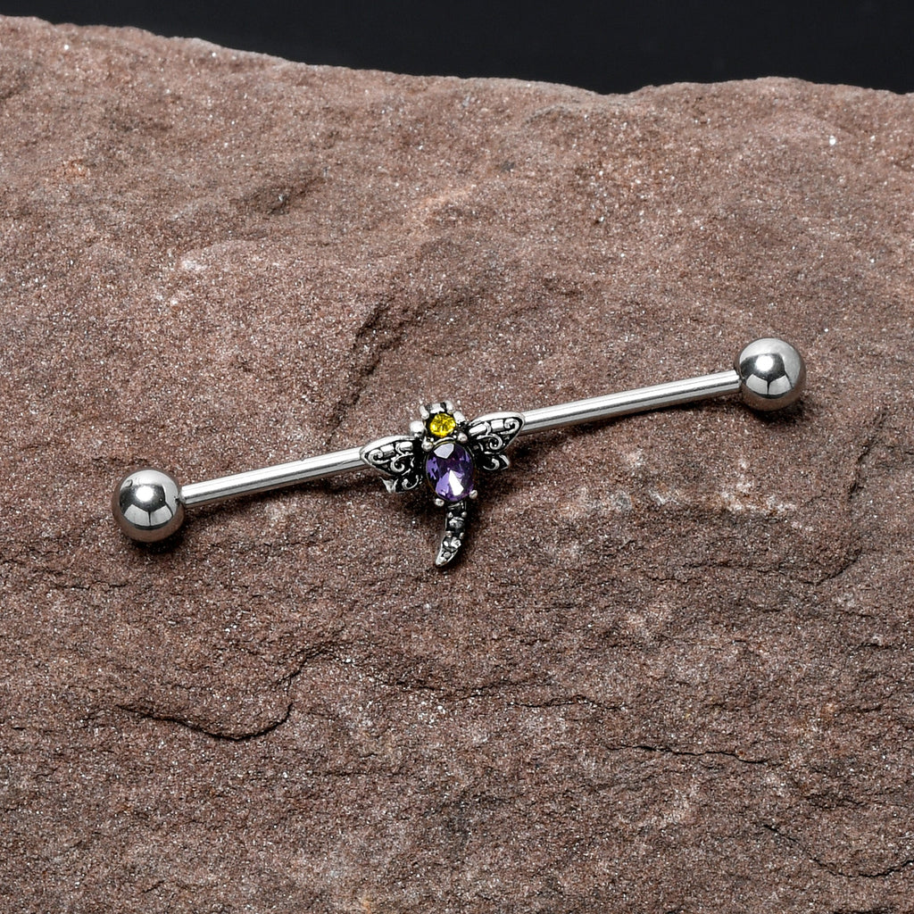 BodyCandy 14G Purple Yellow Gem Dragonfly Industrial Barbell 38mm — detail close-up