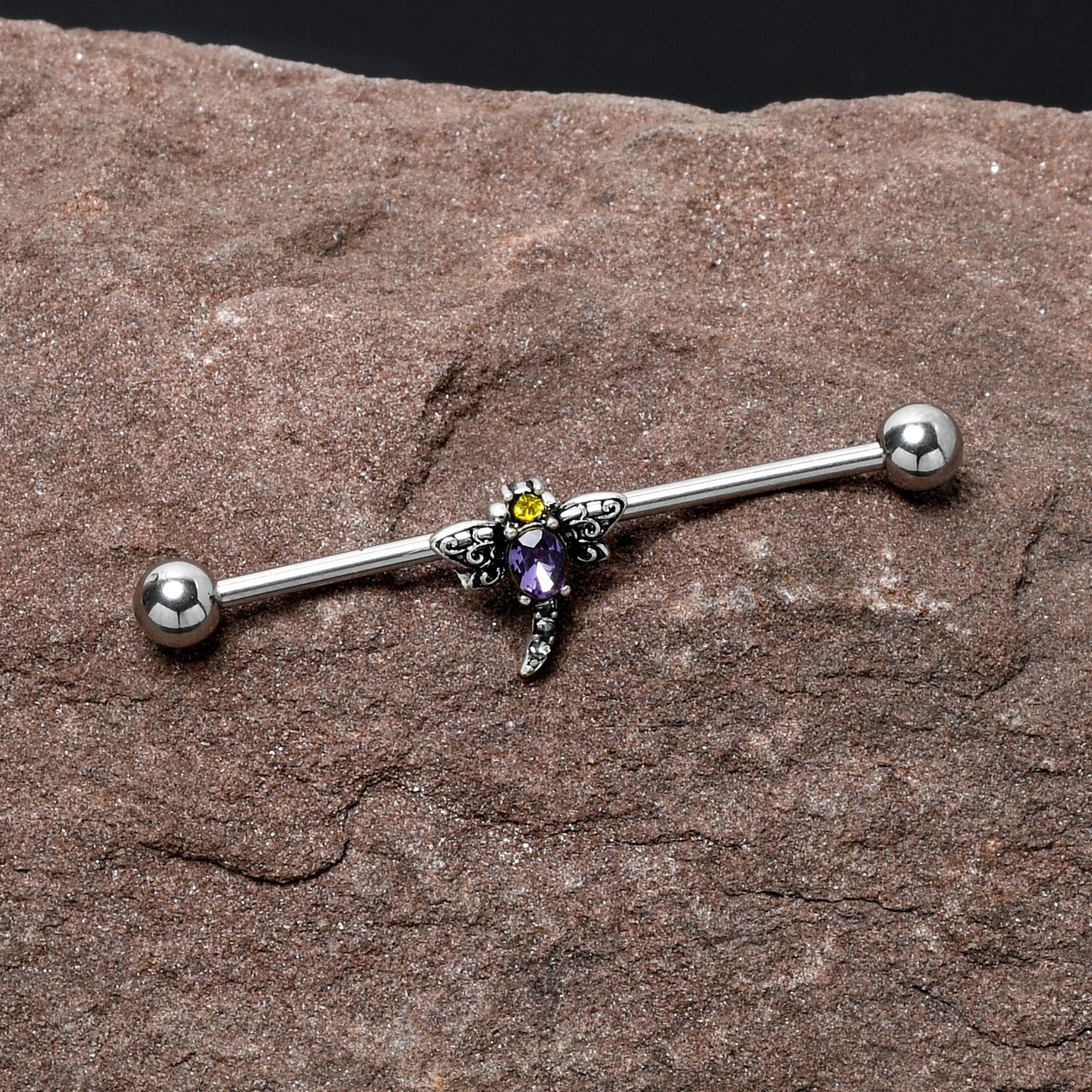 BodyCandy 14G Purple Yellow Gem Dragonfly Industrial Barbell 38mm — detail close-up