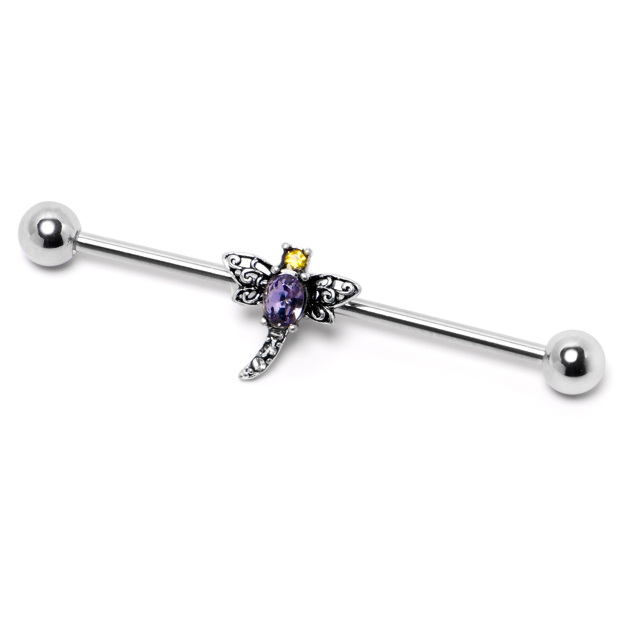 BodyCandy 14G Purple Yellow Gem Dragonfly Industrial Barbell 38mm — lifestyle context