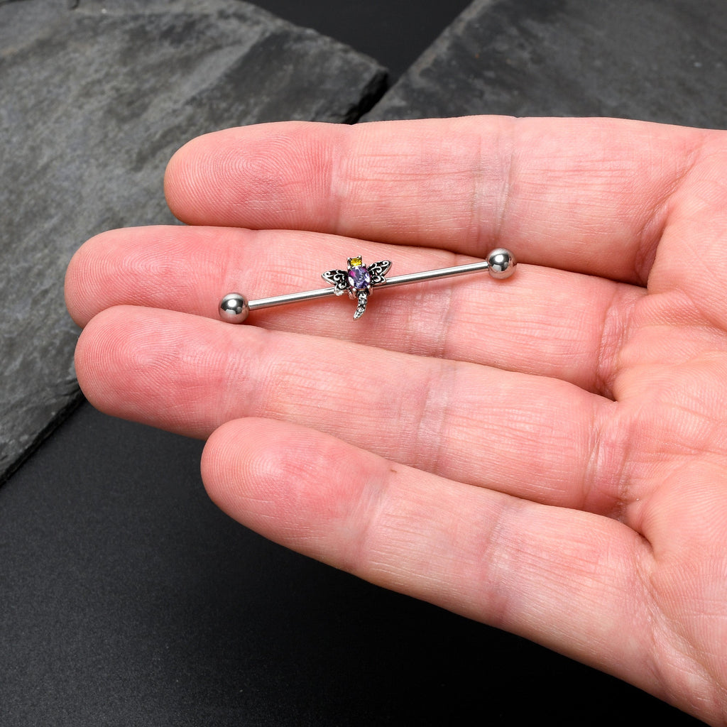 BodyCandy 14G Purple Yellow Gem Dragonfly Industrial Barbell 38mm — back view