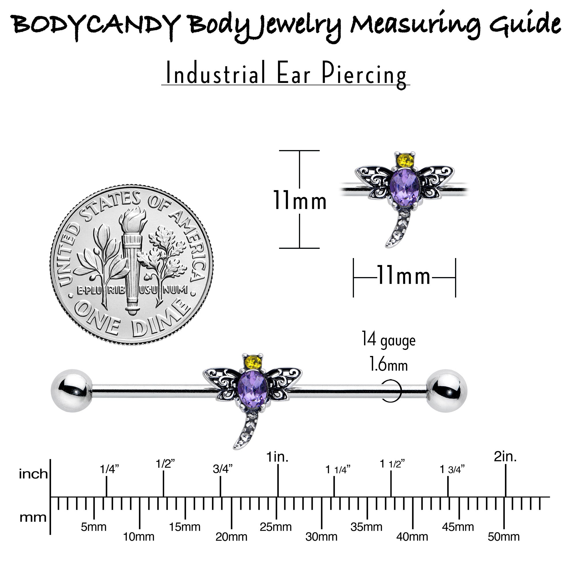 BodyCandy 14G Purple Yellow Gem Dragonfly Industrial Barbell 38mm — alternative angle