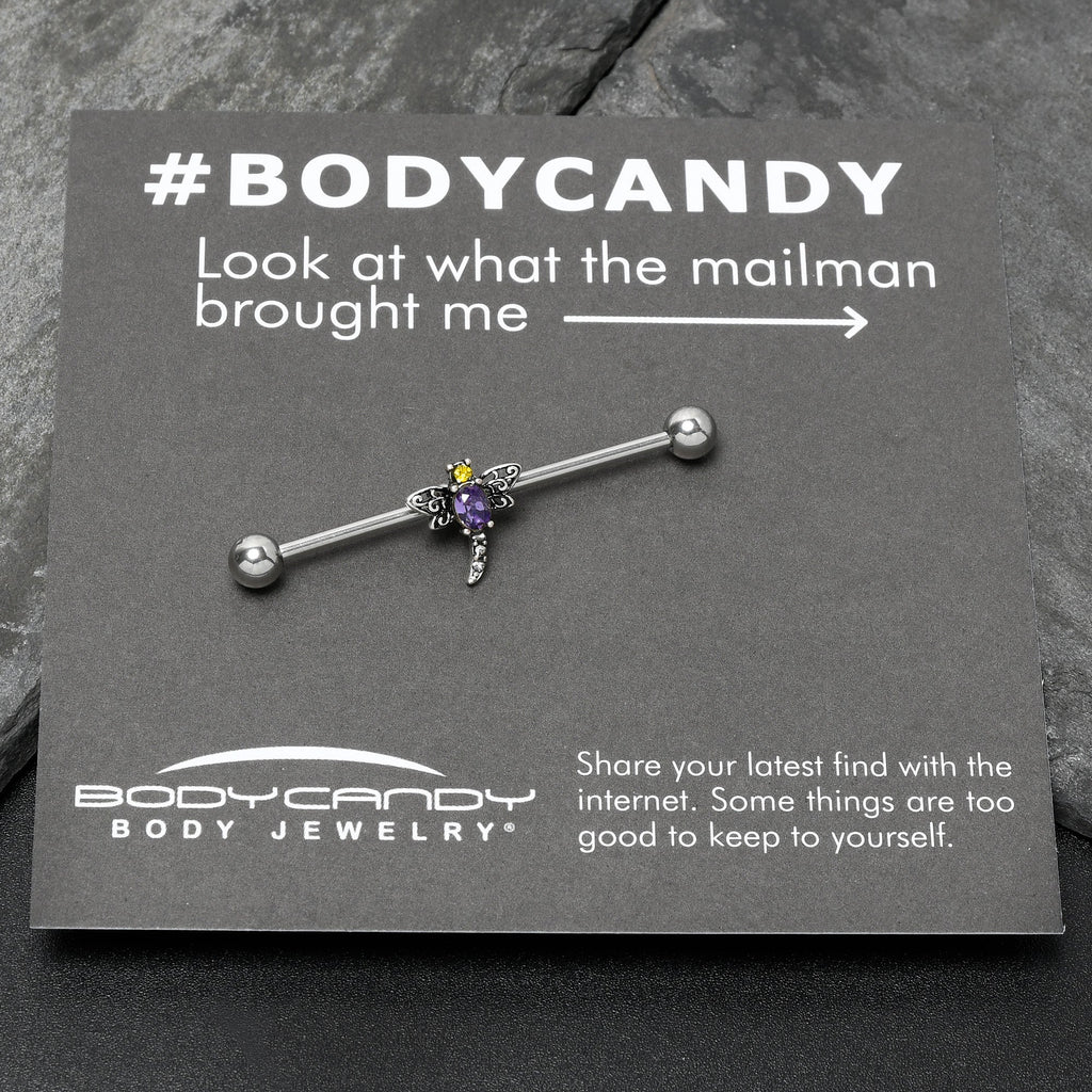 BodyCandy 14G Purple Yellow Gem Dragonfly Industrial Barbell 38mm — in-use photo