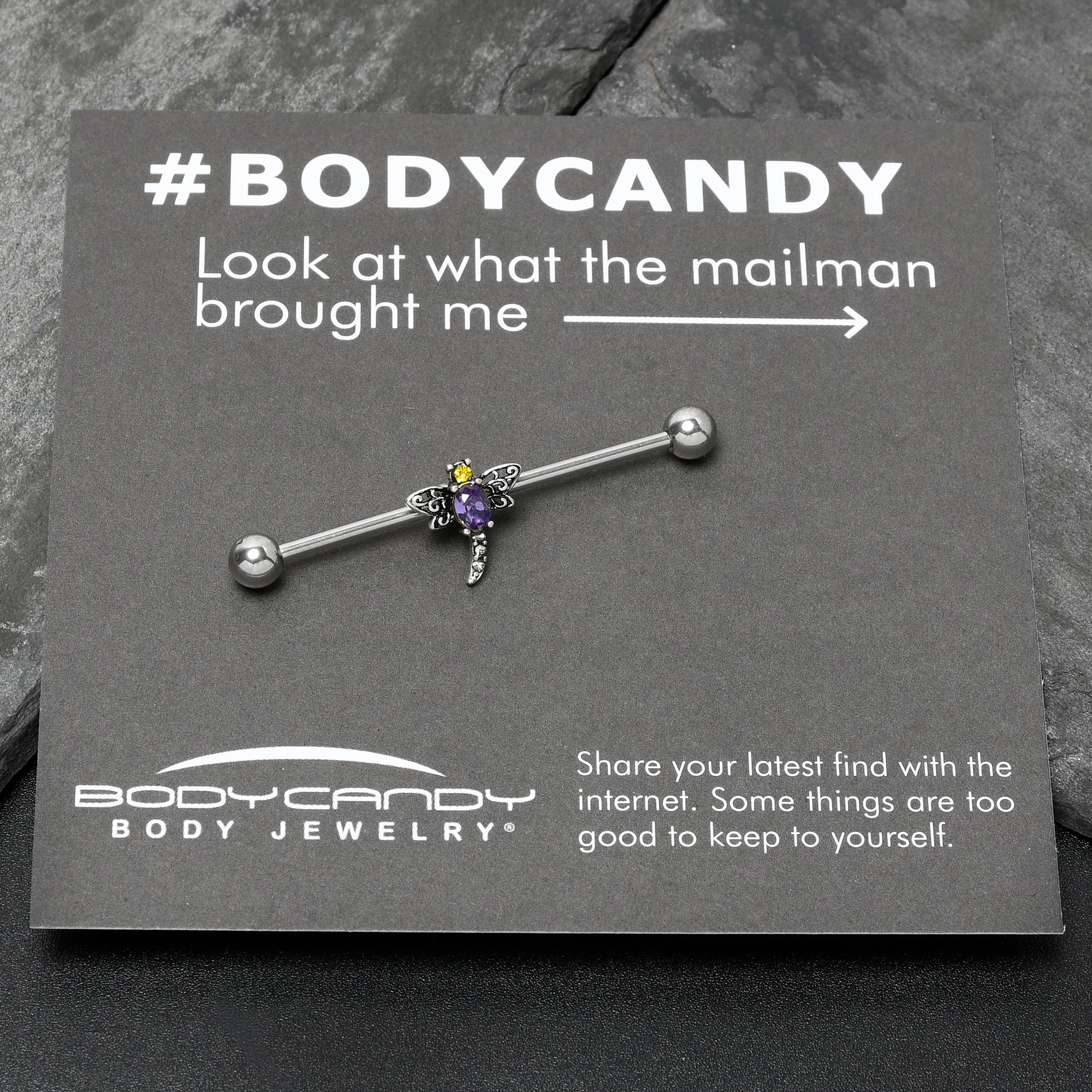 BodyCandy 14G Purple Yellow Gem Dragonfly Industrial Barbell 38mm — in-use photo