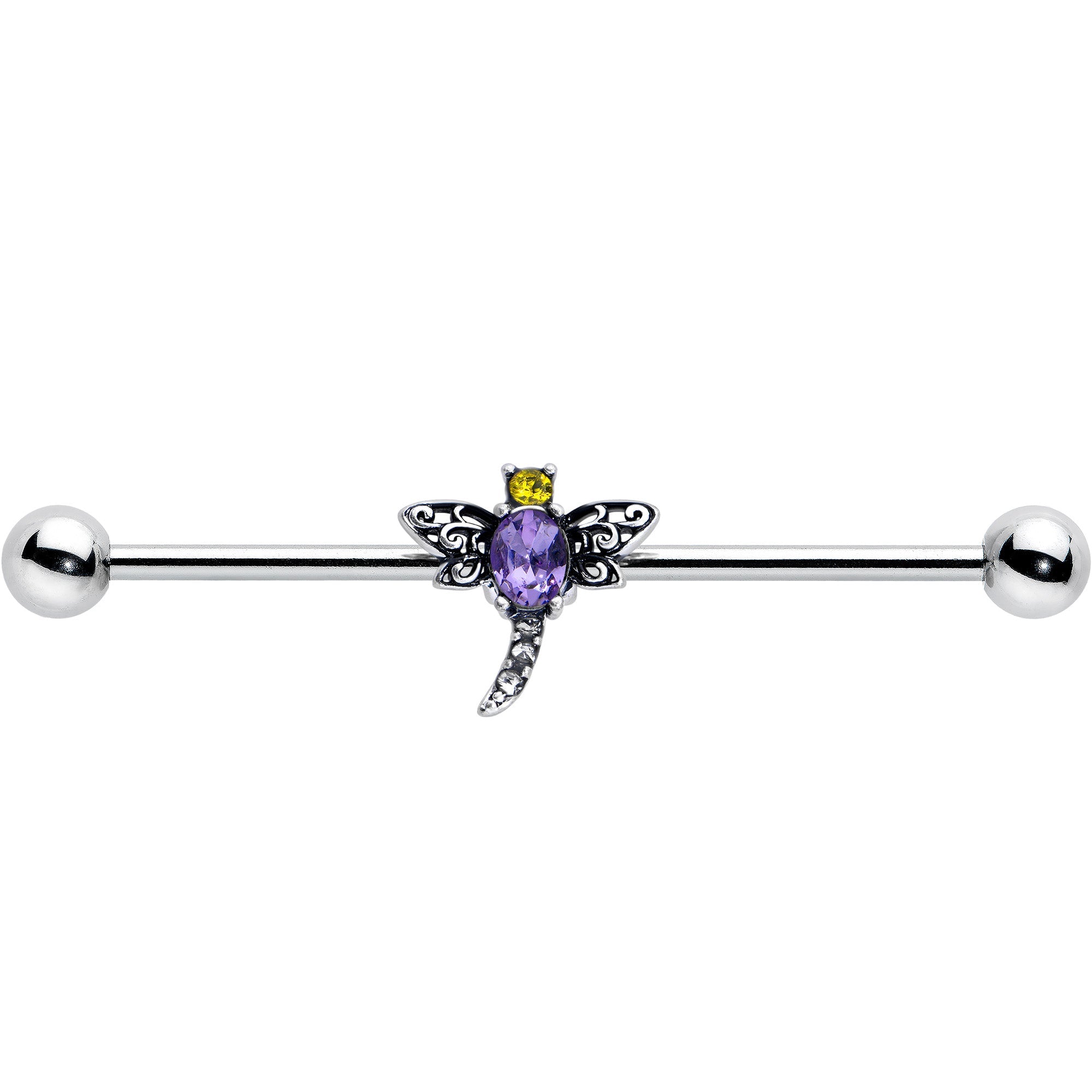BodyCandy 14G Purple Yellow Gem Dragonfly Industrial Barbell 38mm — size reference