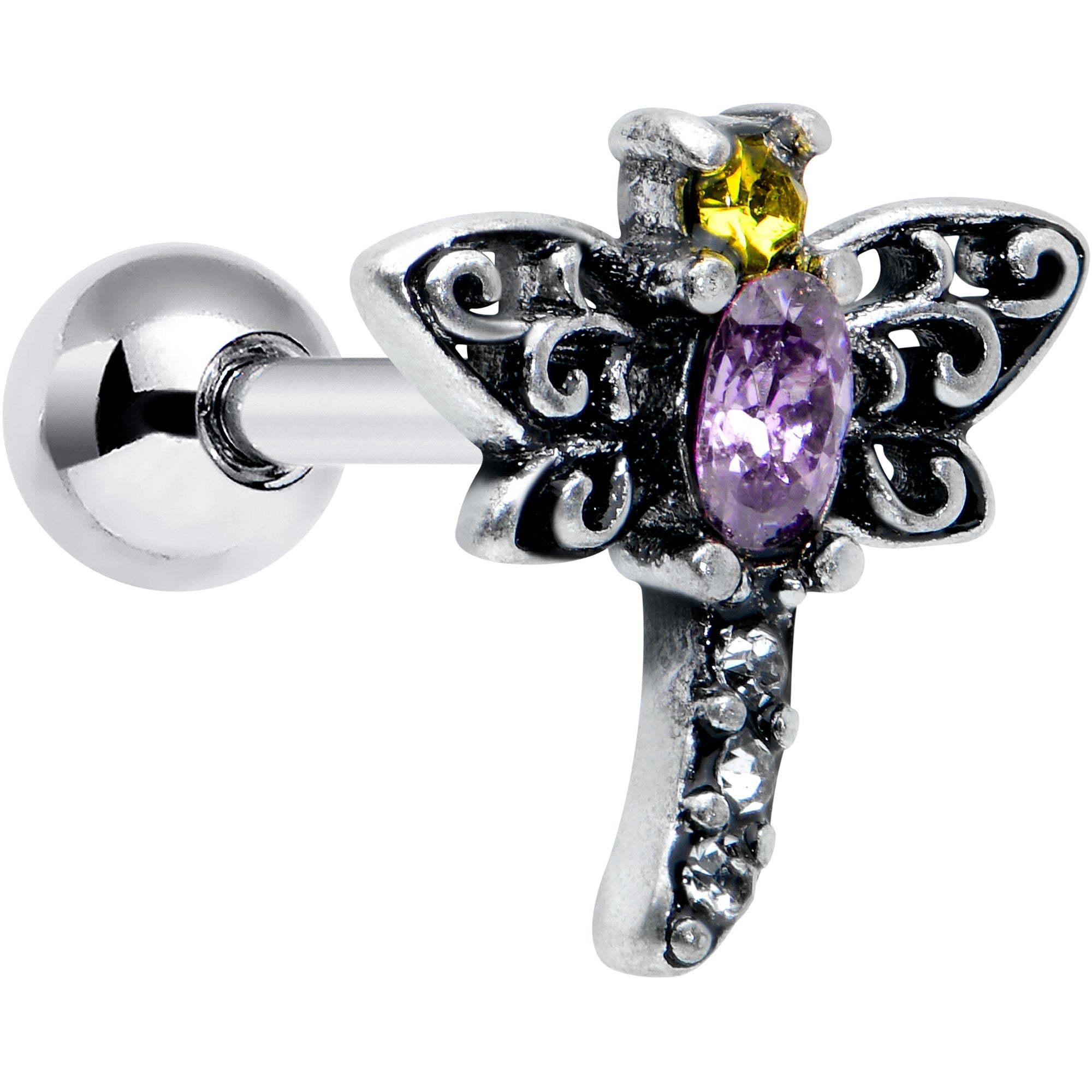 BodyCandy 16G 1/4 Yellow Purple Gem Dragonfly Cartilage Tragus Earring — main product shot
