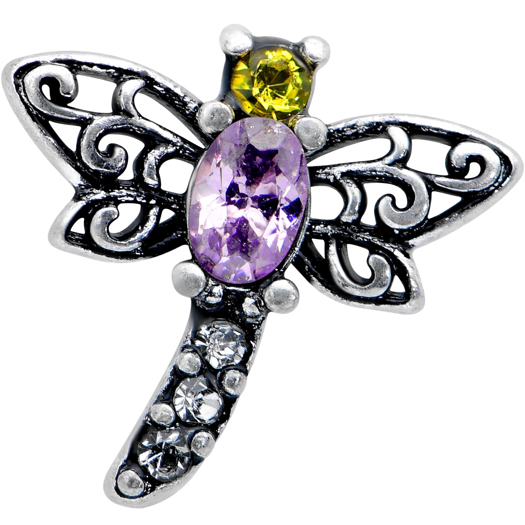 BodyCandy 16G 1/4 Yellow Purple Gem Dragonfly Cartilage Tragus Earring — detail close-up