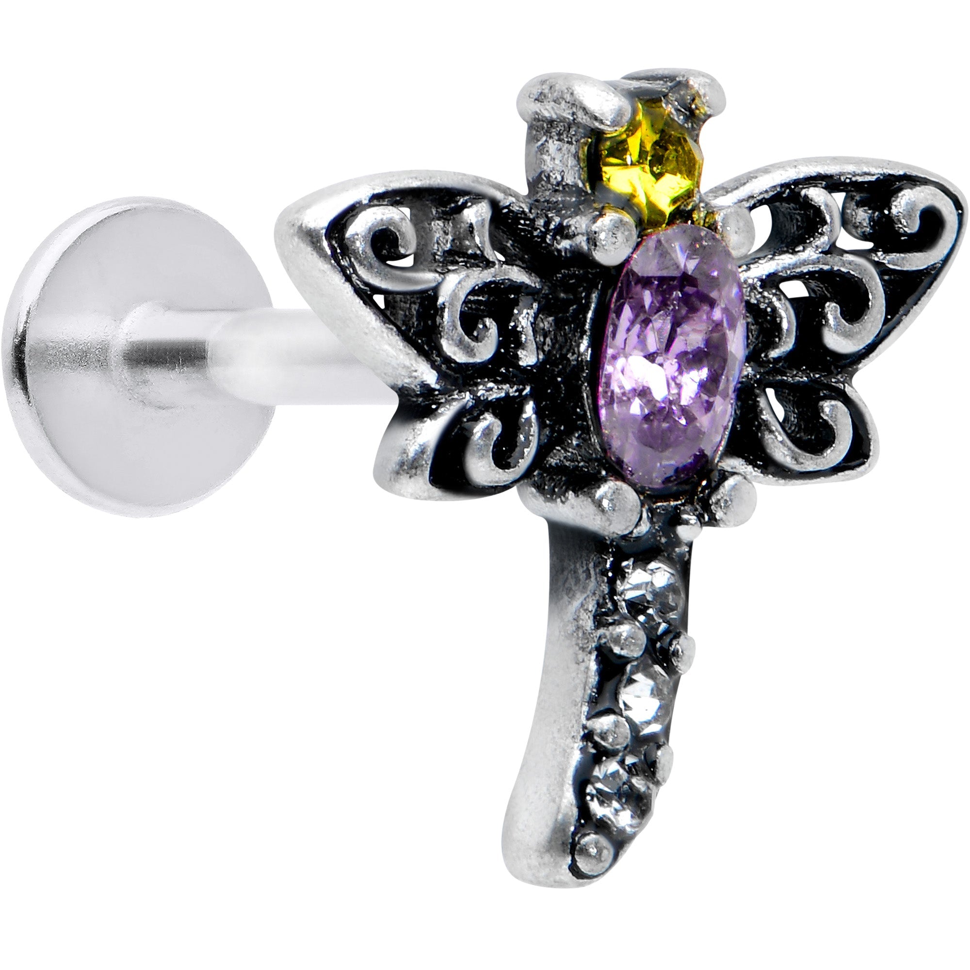 BodyCandy 16G 5/16 Purple Yellow Gem Dragonfly Ornate Labret Monroe Tragus — main product shot