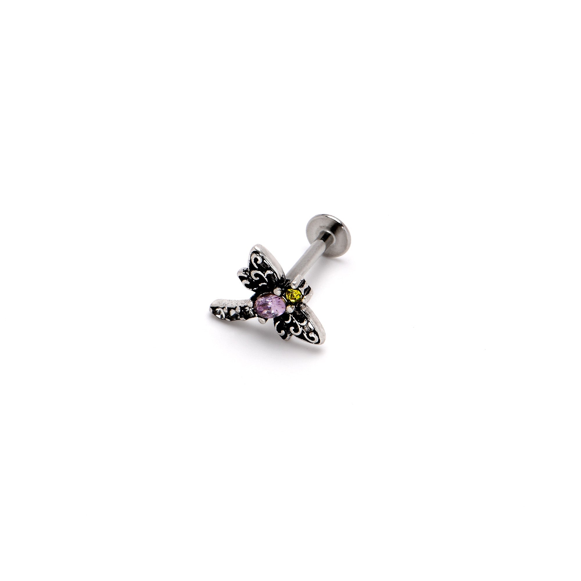BodyCandy 16G 5/16 Purple Yellow Gem Dragonfly Ornate Labret Monroe Tragus — alternative angle