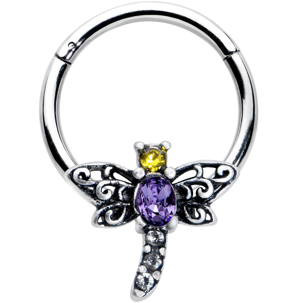 BodyCandy 16G 3/8 Purple Yellow Gem Dragonfly Hinged Segment Ring — main product shot