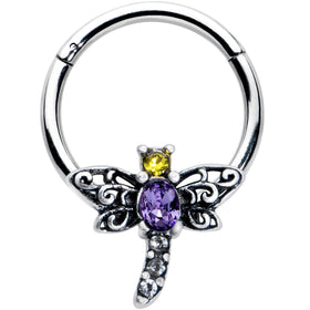 16G 3/8 Purple Yellow Gem Dragonfly Hinged Segment Ring