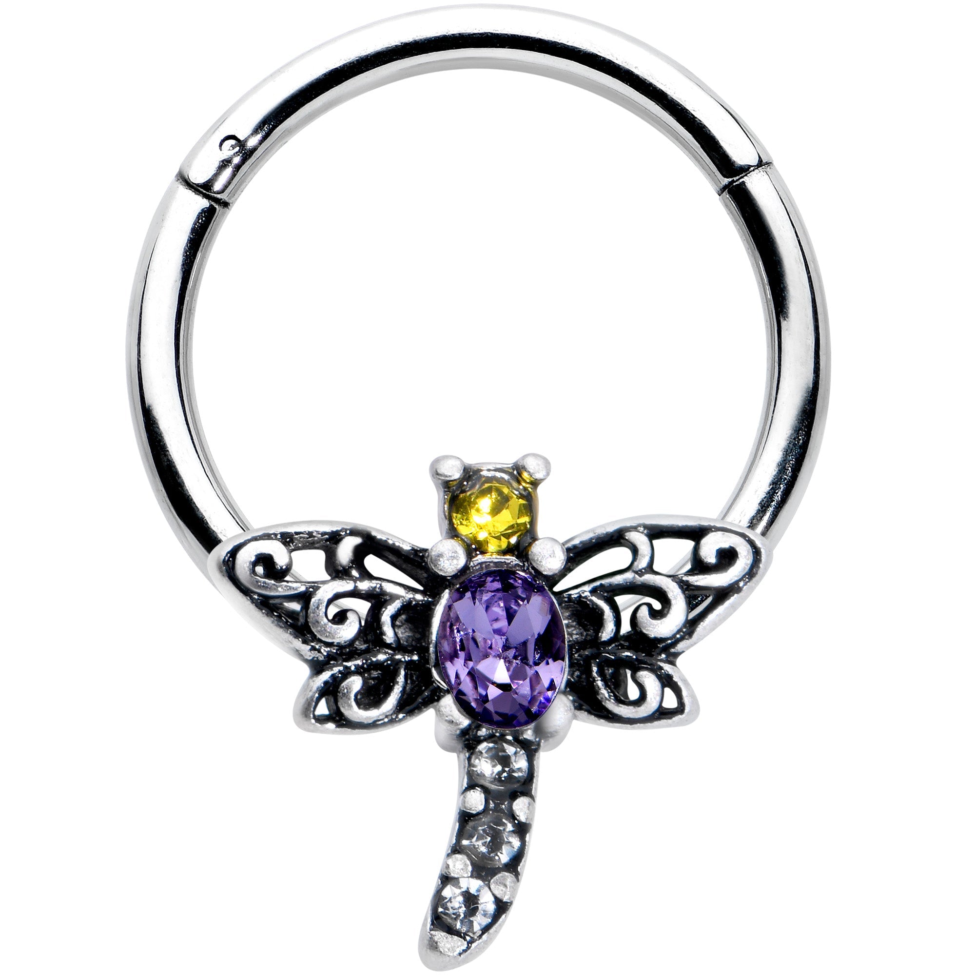 BodyCandy 16G 3/8 Purple Yellow Gem Dragonfly Hinged Segment Ring — main product shot
