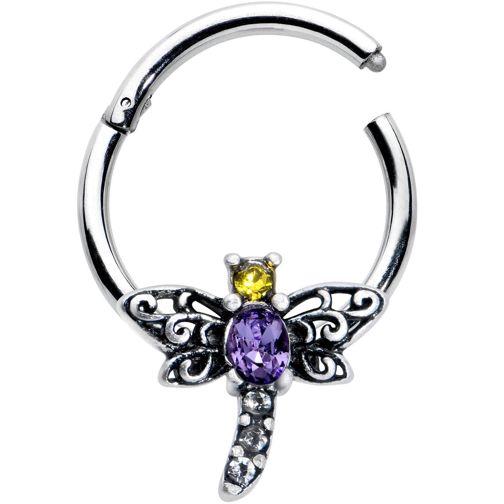 BodyCandy 16G 3/8 Purple Yellow Gem Dragonfly Hinged Segment Ring — detail close-up