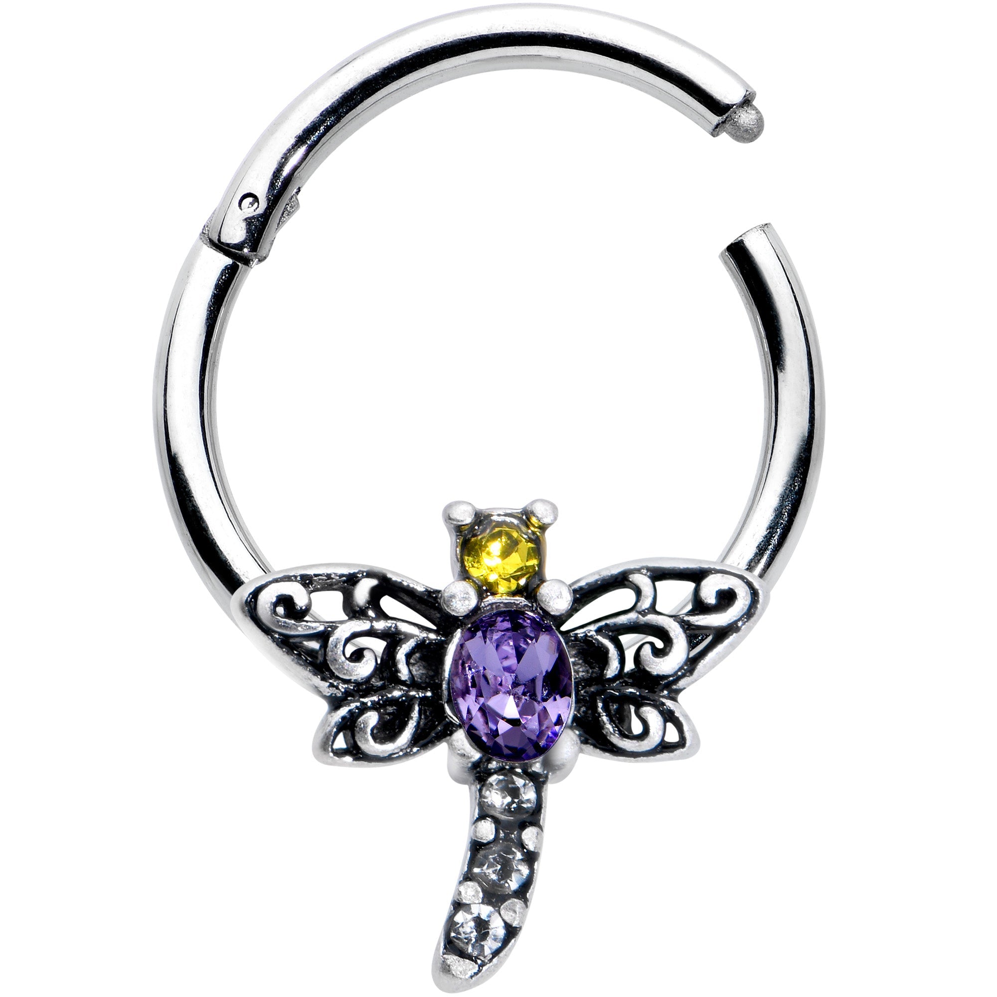 BodyCandy 16G 3/8 Purple Yellow Gem Dragonfly Hinged Segment Ring — detail close-up