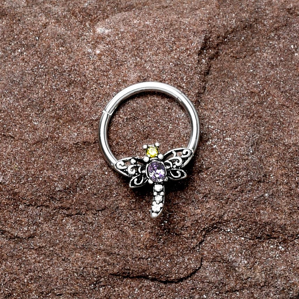 BodyCandy 16G 3/8 Purple Yellow Gem Dragonfly Hinged Segment Ring — lifestyle context