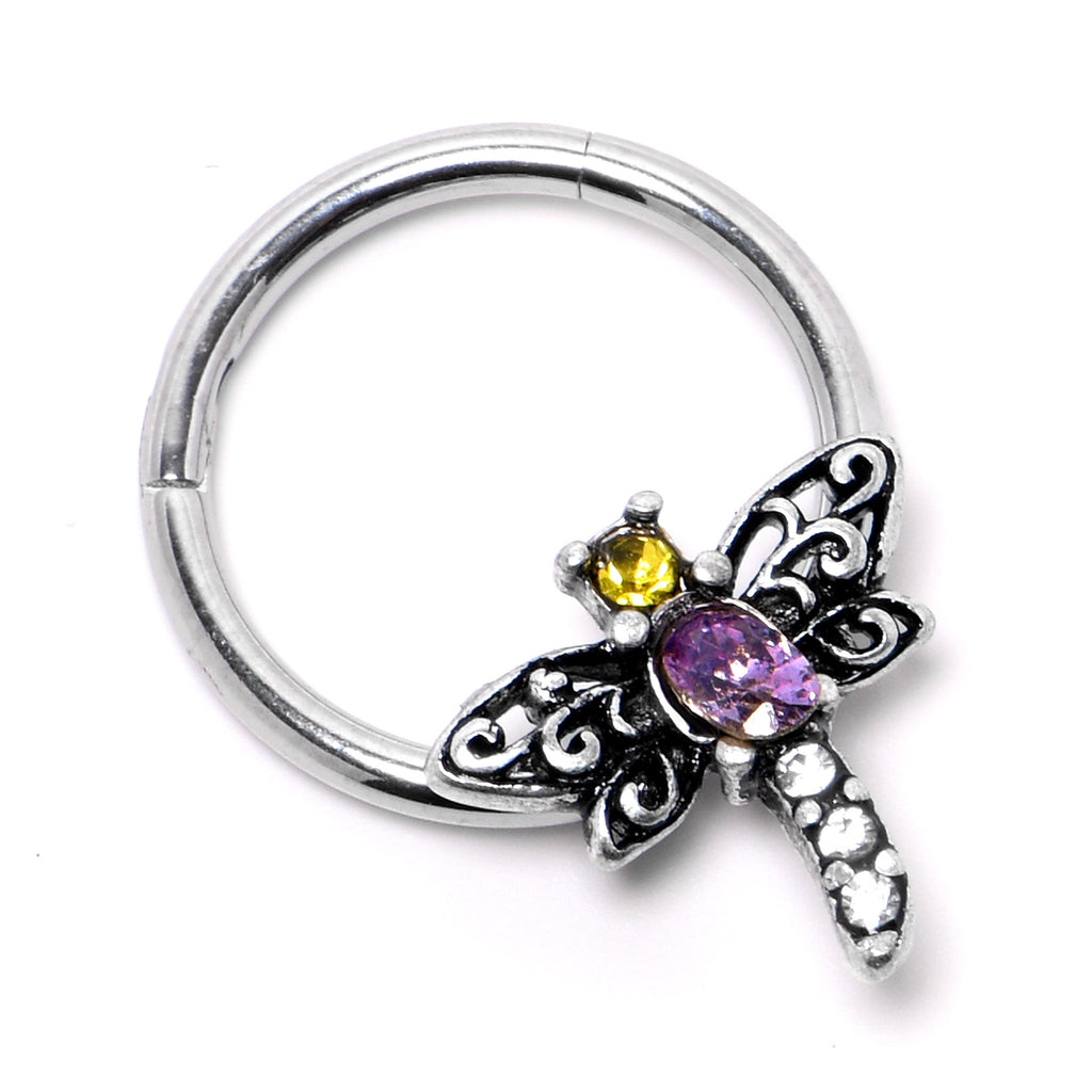BodyCandy 16G 3/8 Purple Yellow Gem Dragonfly Hinged Segment Ring — side view