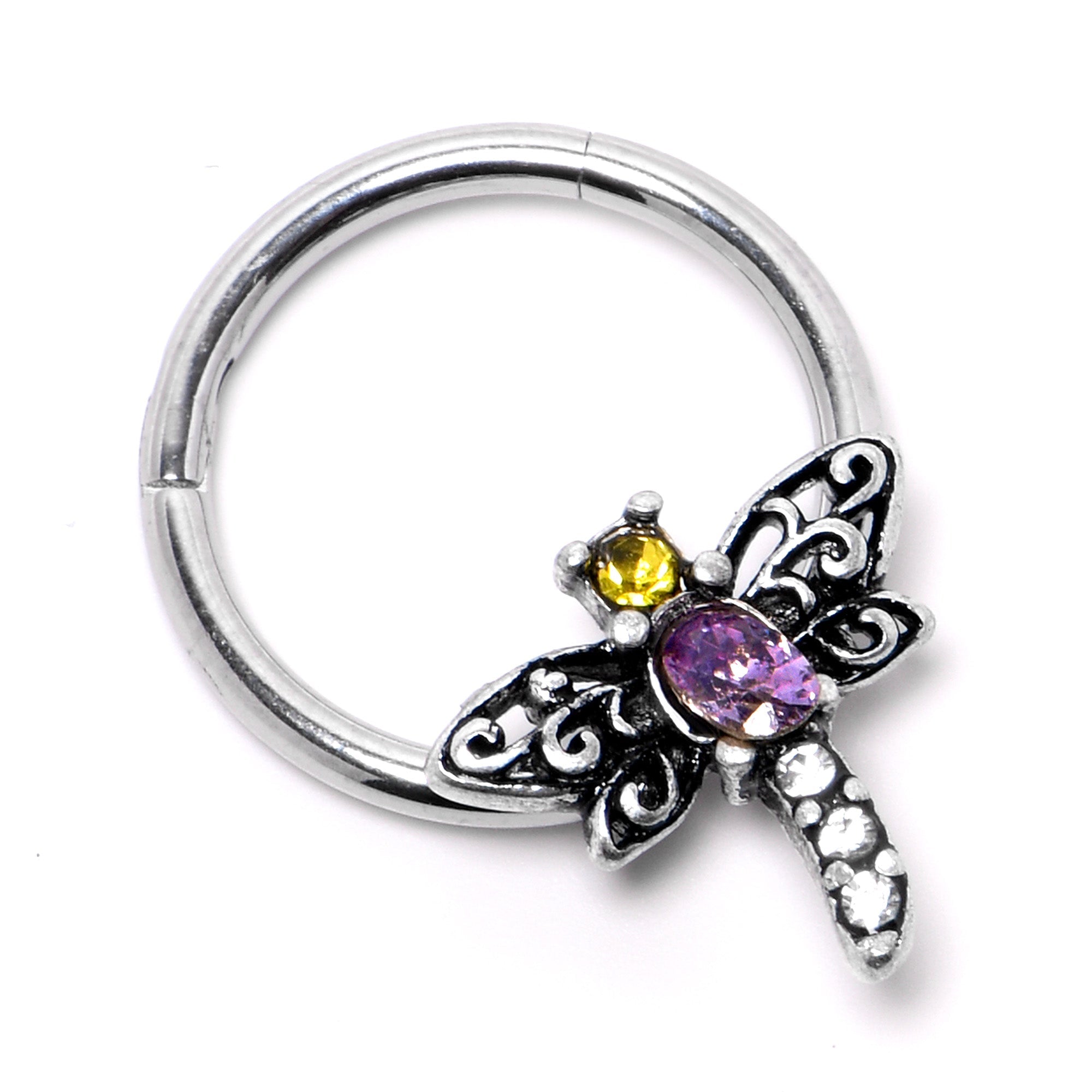 BodyCandy 16G 3/8 Purple Yellow Gem Dragonfly Hinged Segment Ring — side view