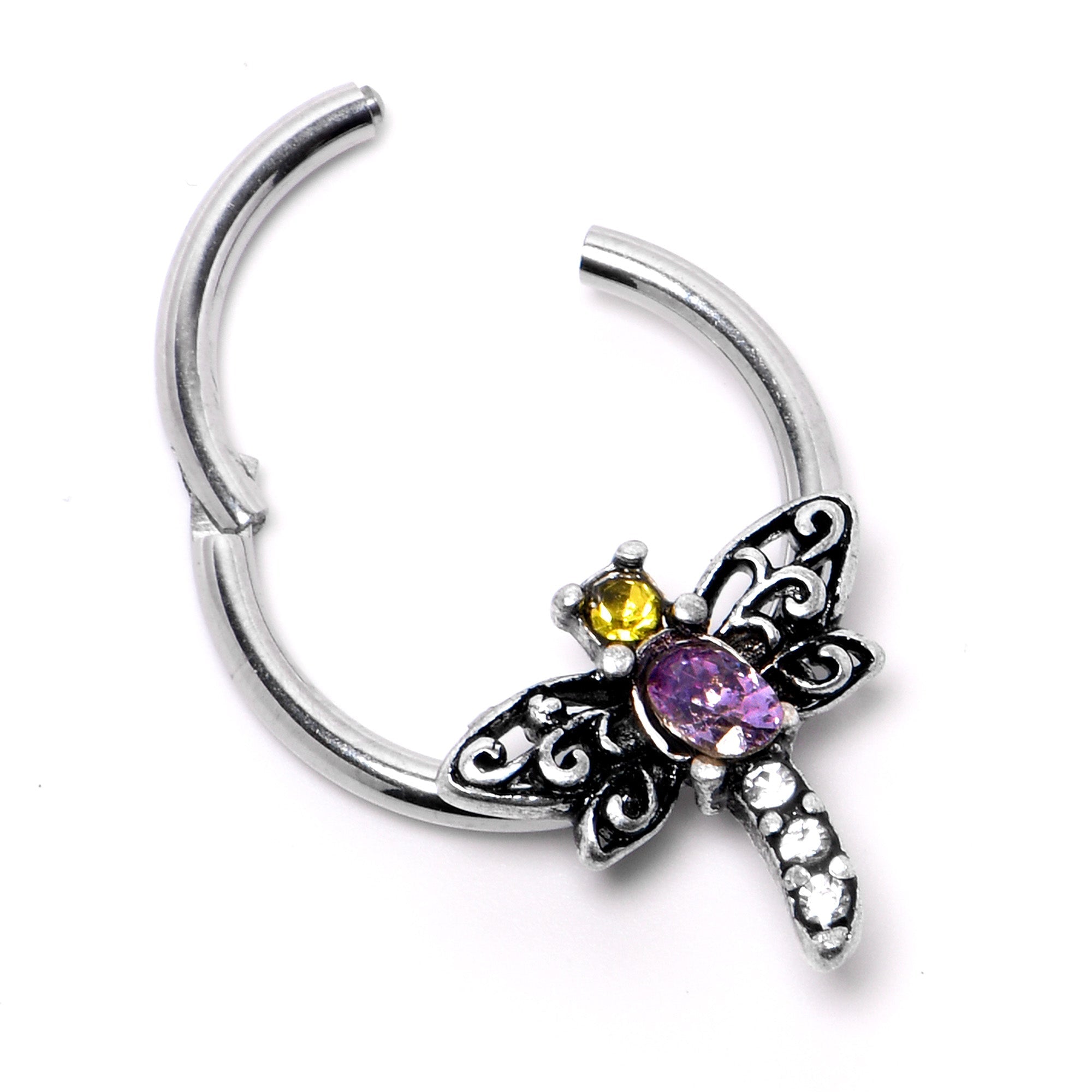 BodyCandy 16G 3/8 Purple Yellow Gem Dragonfly Hinged Segment Ring — back view