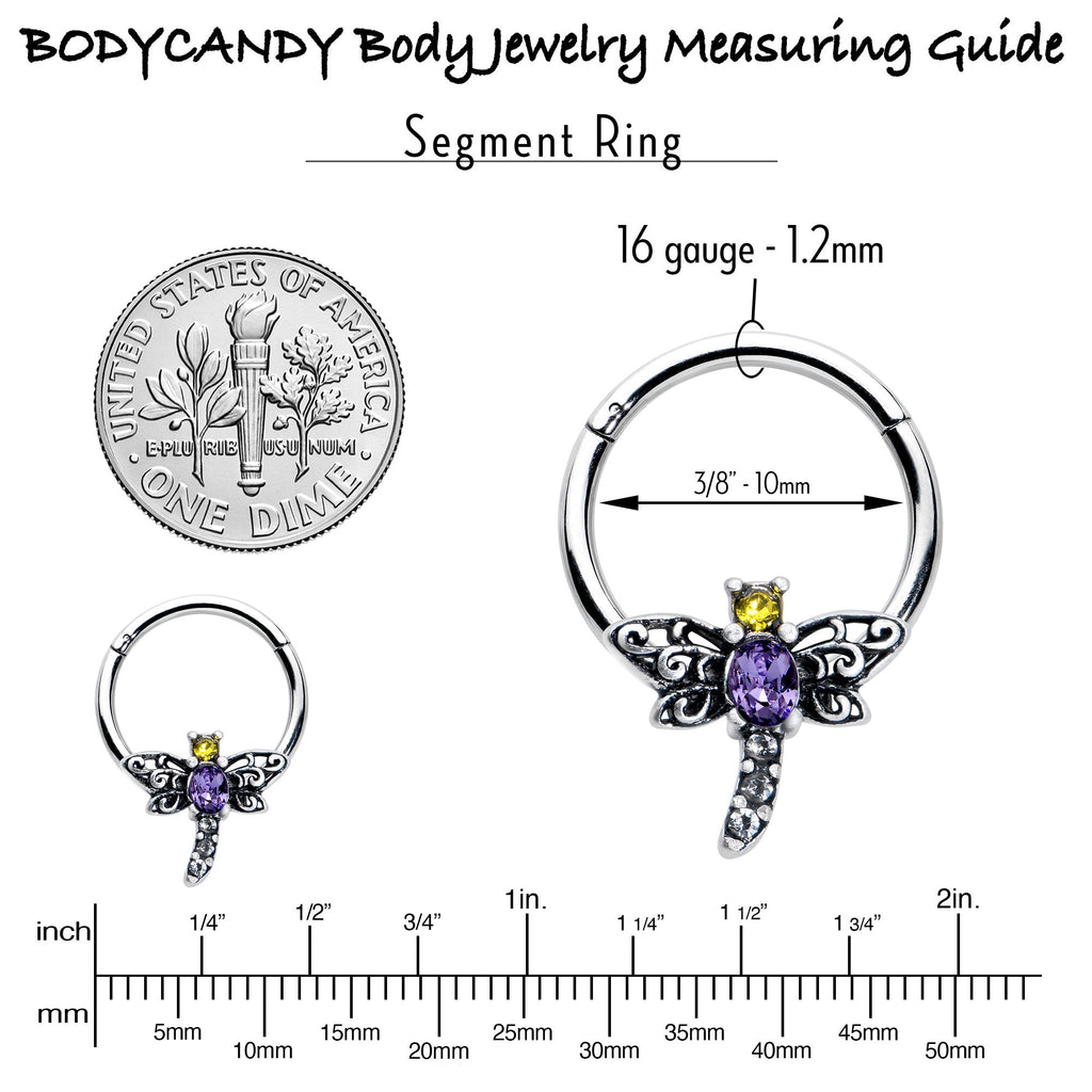 BodyCandy 16G 3/8 Purple Yellow Gem Dragonfly Hinged Segment Ring — in-use photo