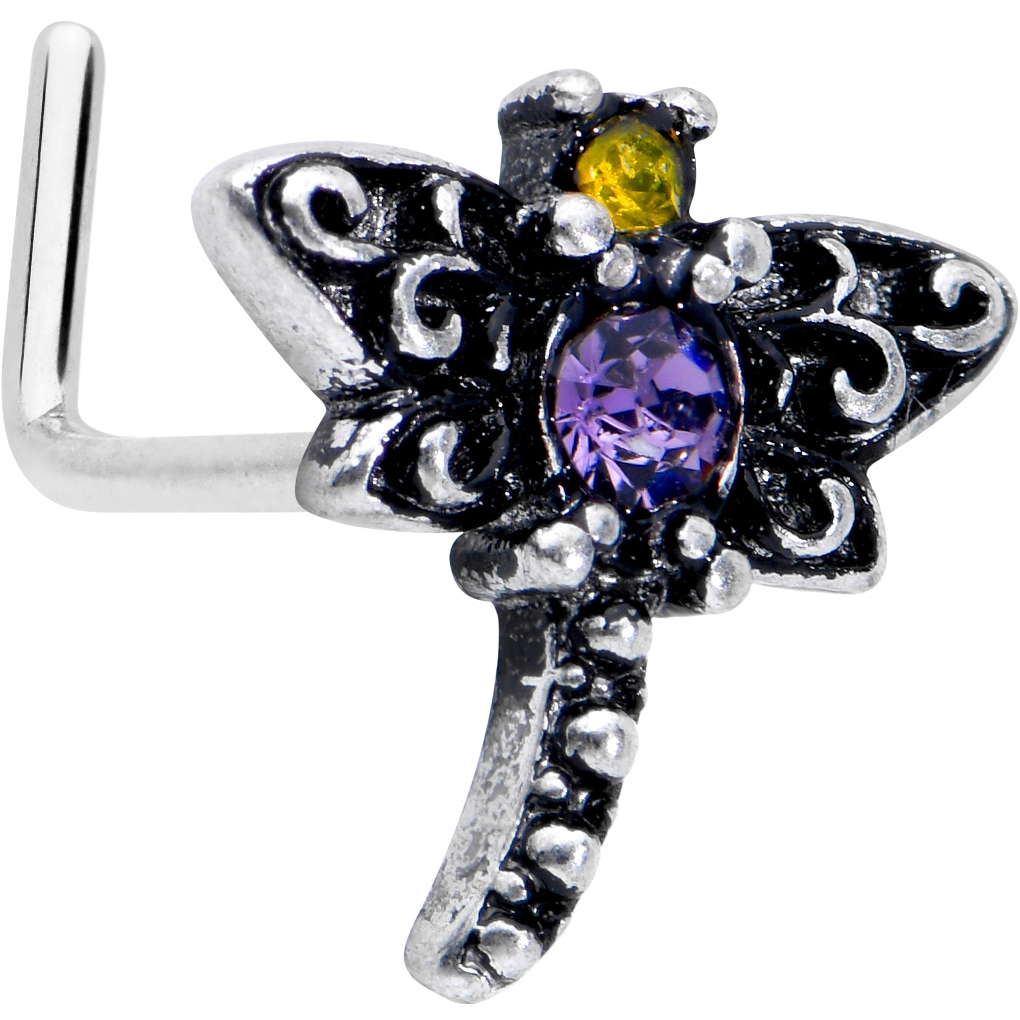 BodyCandy 20G 7mm Purple Yellow Gem Dragonfly L Shape Nose Ring — main product shot