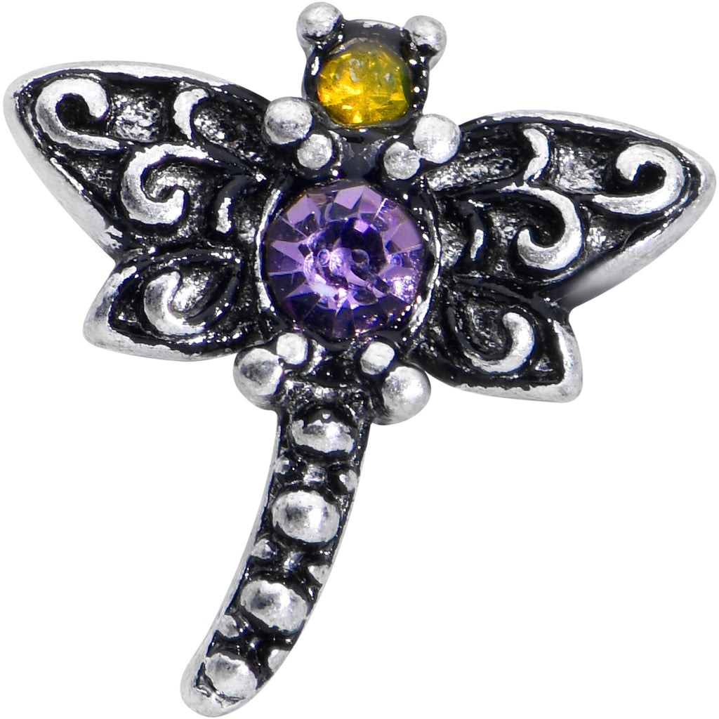 BodyCandy 20G 7mm Purple Yellow Gem Dragonfly L Shape Nose Ring — detail close-up