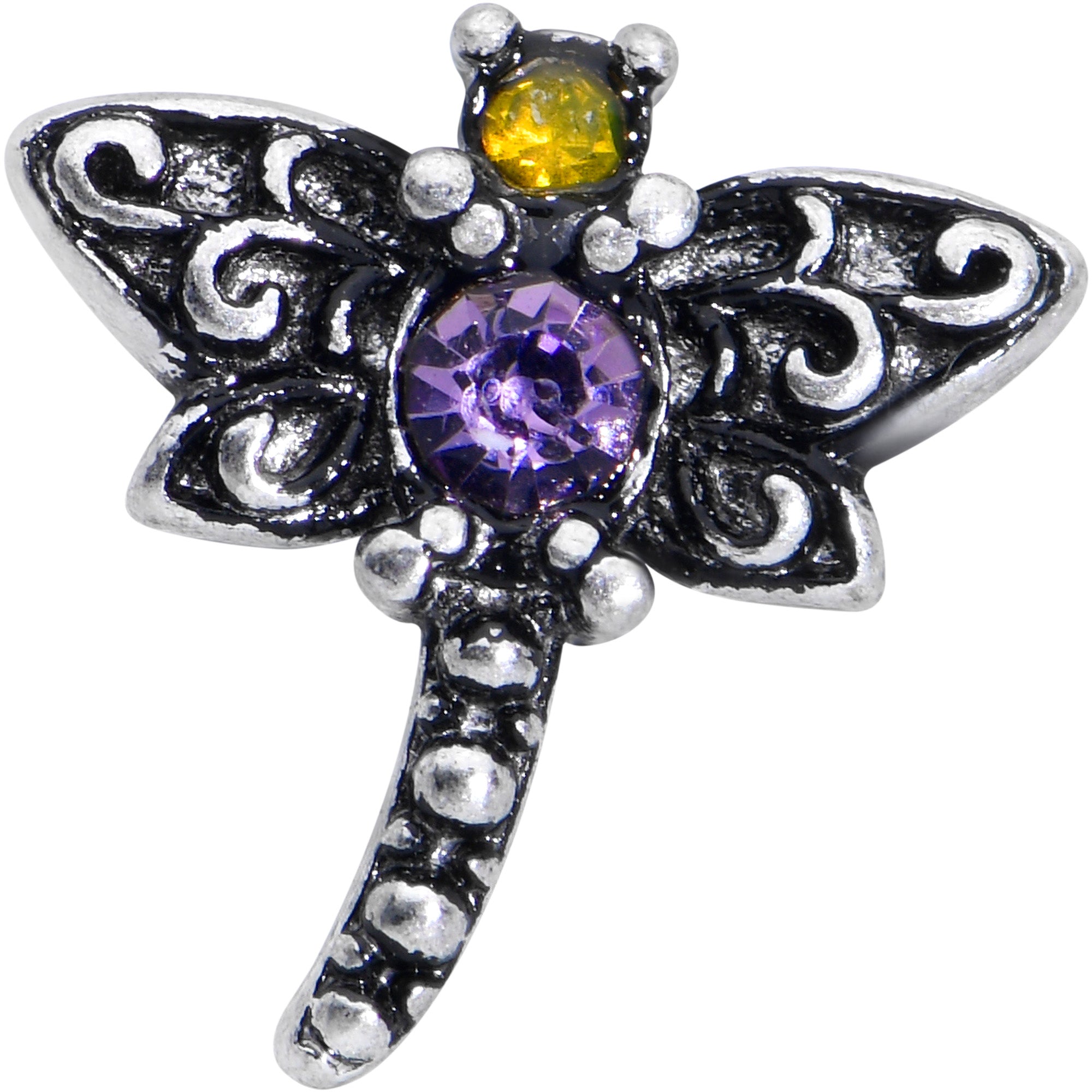 BodyCandy 20G 7mm Purple Yellow Gem Dragonfly L Shape Nose Ring — detail close-up