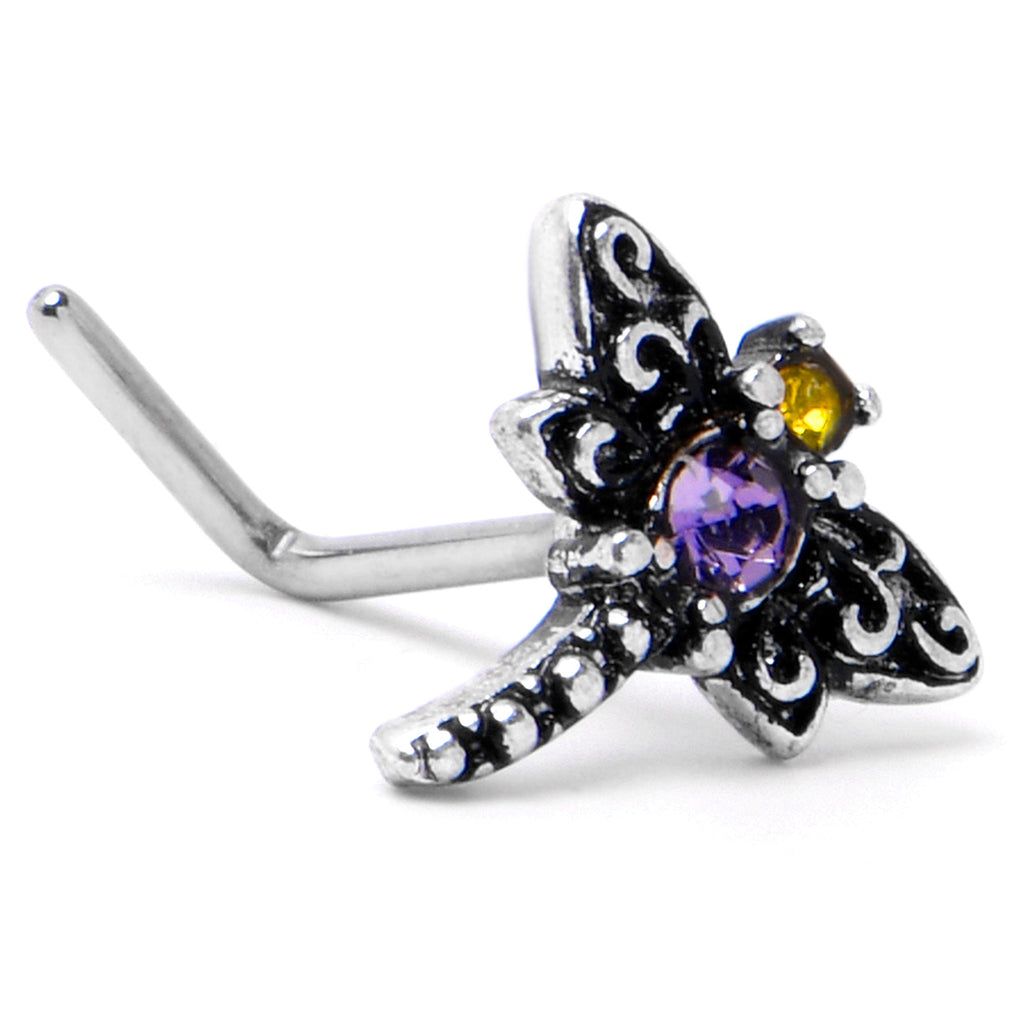 BodyCandy 20G 7mm Purple Yellow Gem Dragonfly L Shape Nose Ring — back view