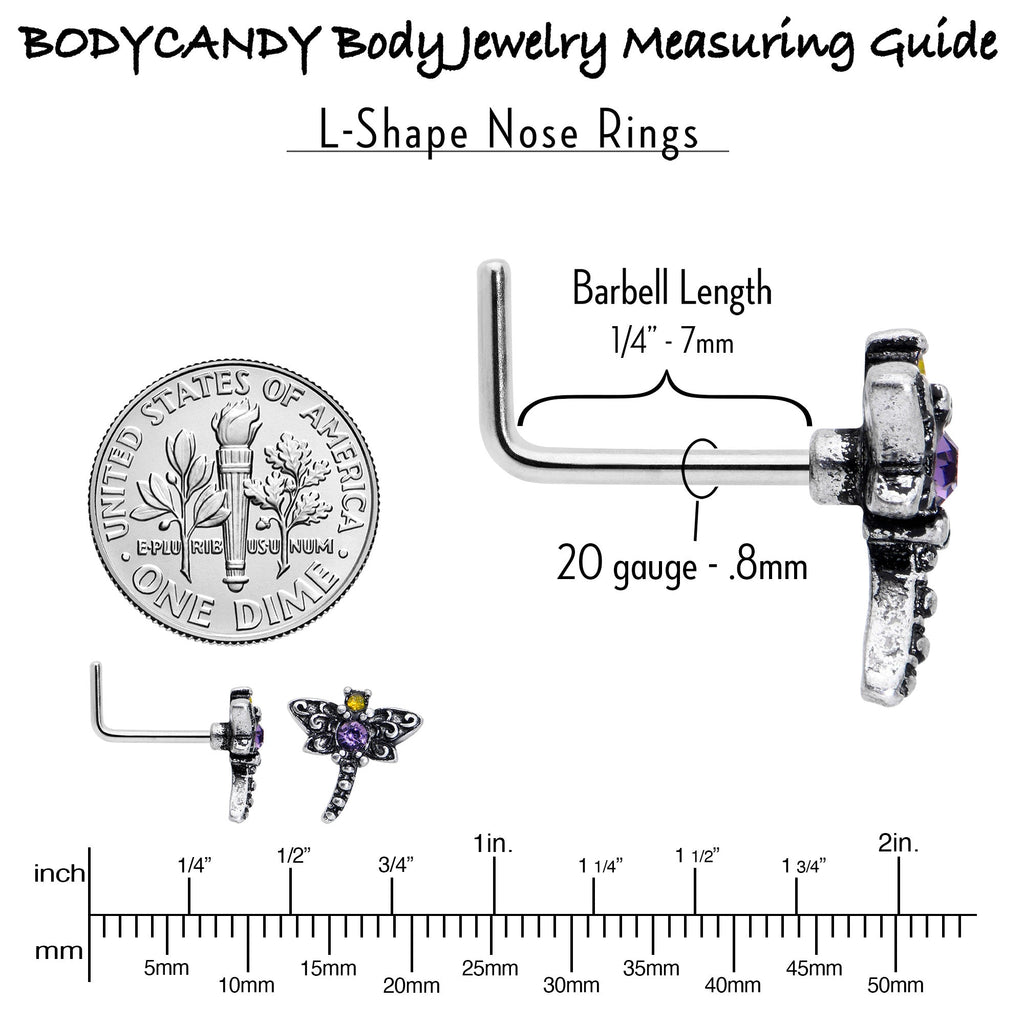 BodyCandy 20G 7mm Purple Yellow Gem Dragonfly L Shape Nose Ring — in-use photo