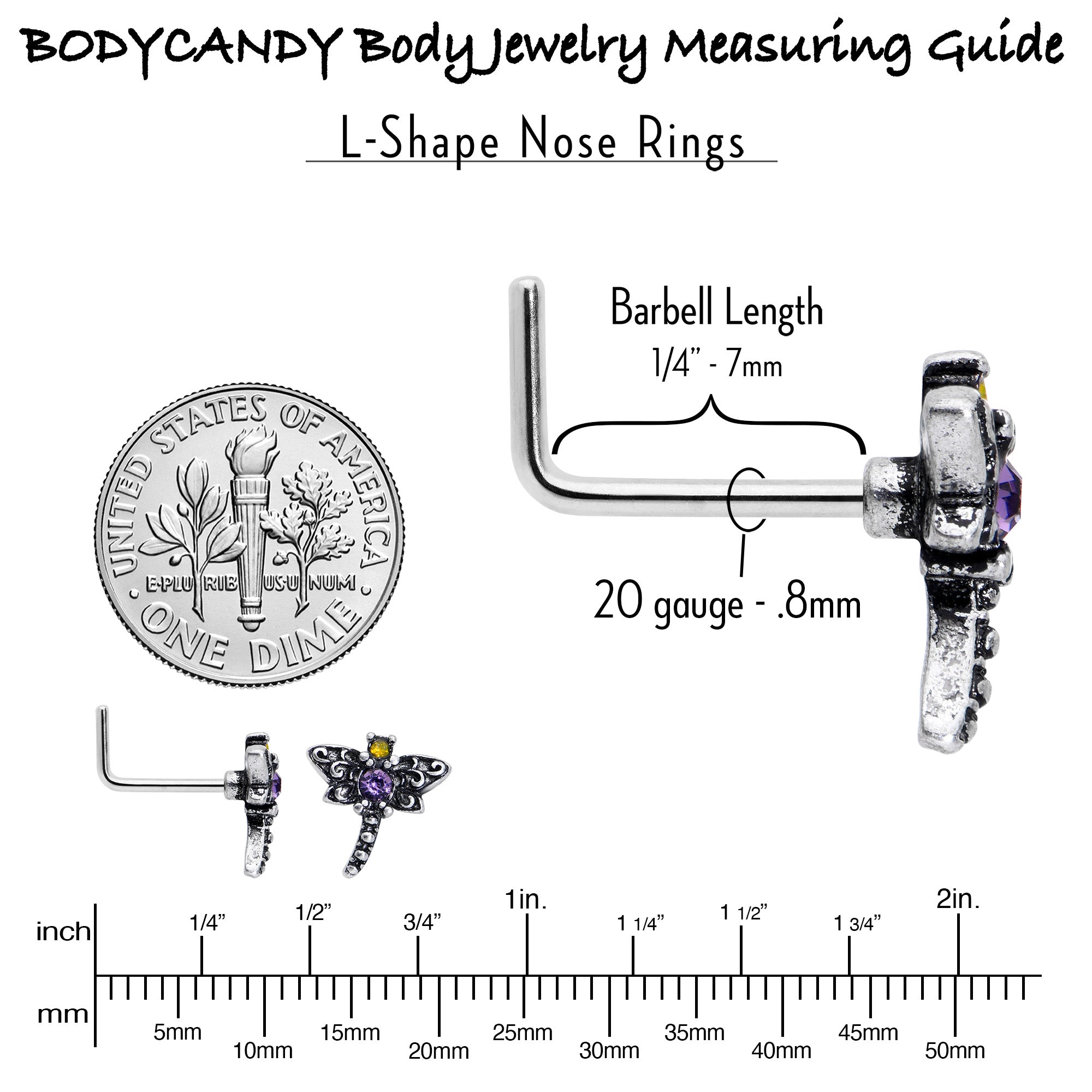 BodyCandy 20G 7mm Purple Yellow Gem Dragonfly L Shape Nose Ring — in-use photo