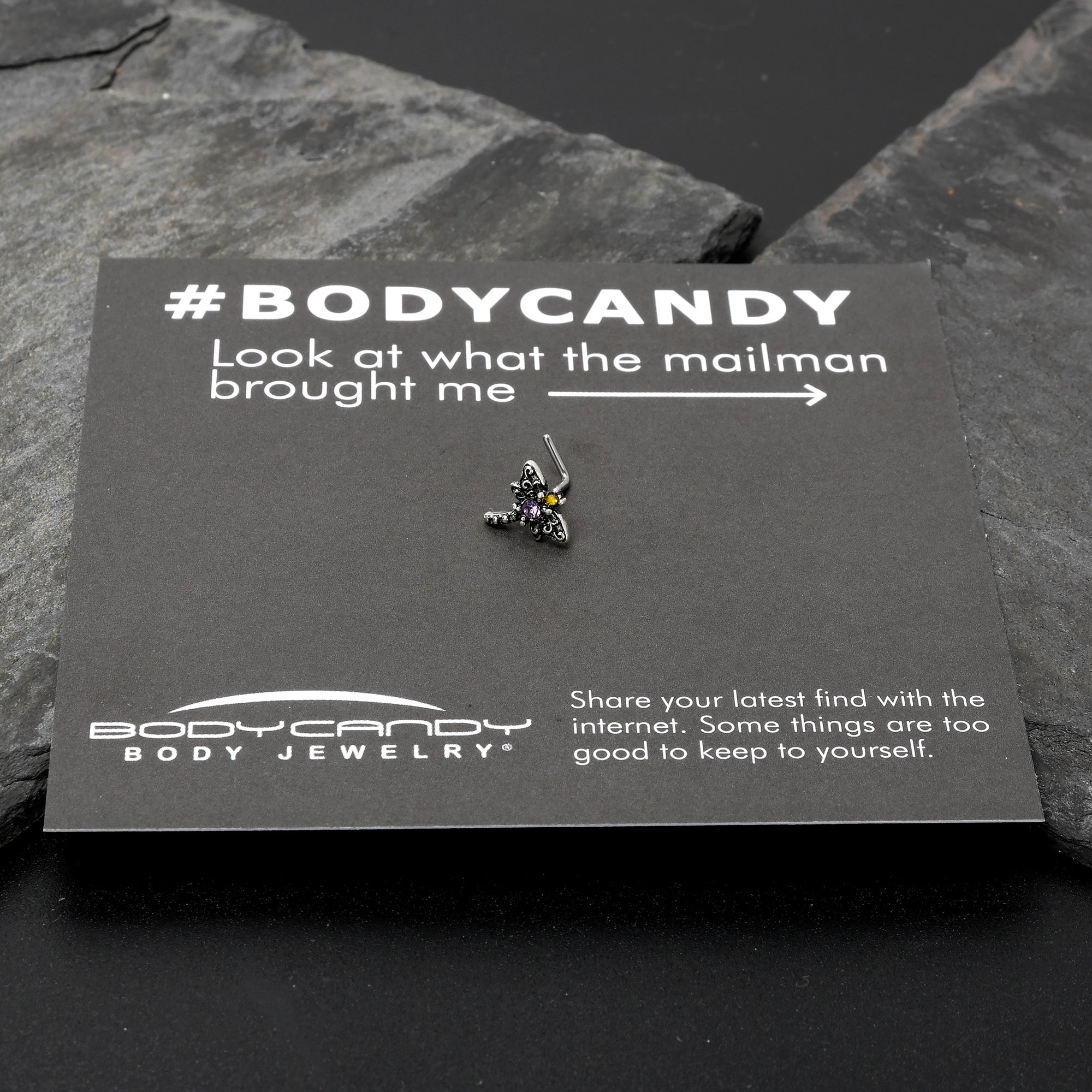 BodyCandy 20G 7mm Purple Yellow Gem Dragonfly L Shape Nose Ring — size reference