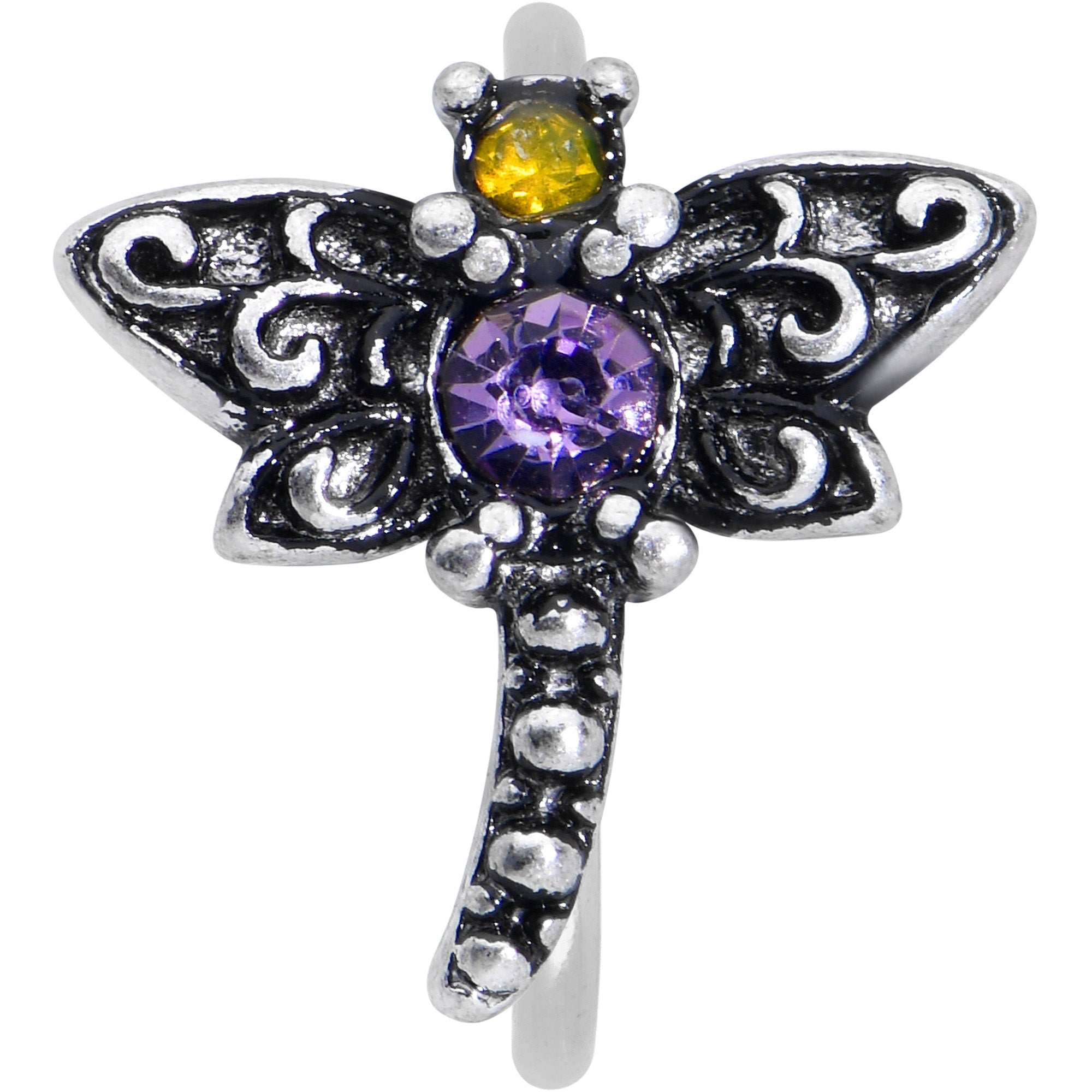 BodyCandy 20G 5/16 Purple Yellow Gem Dragonfly Nose Hoop — detail close-up