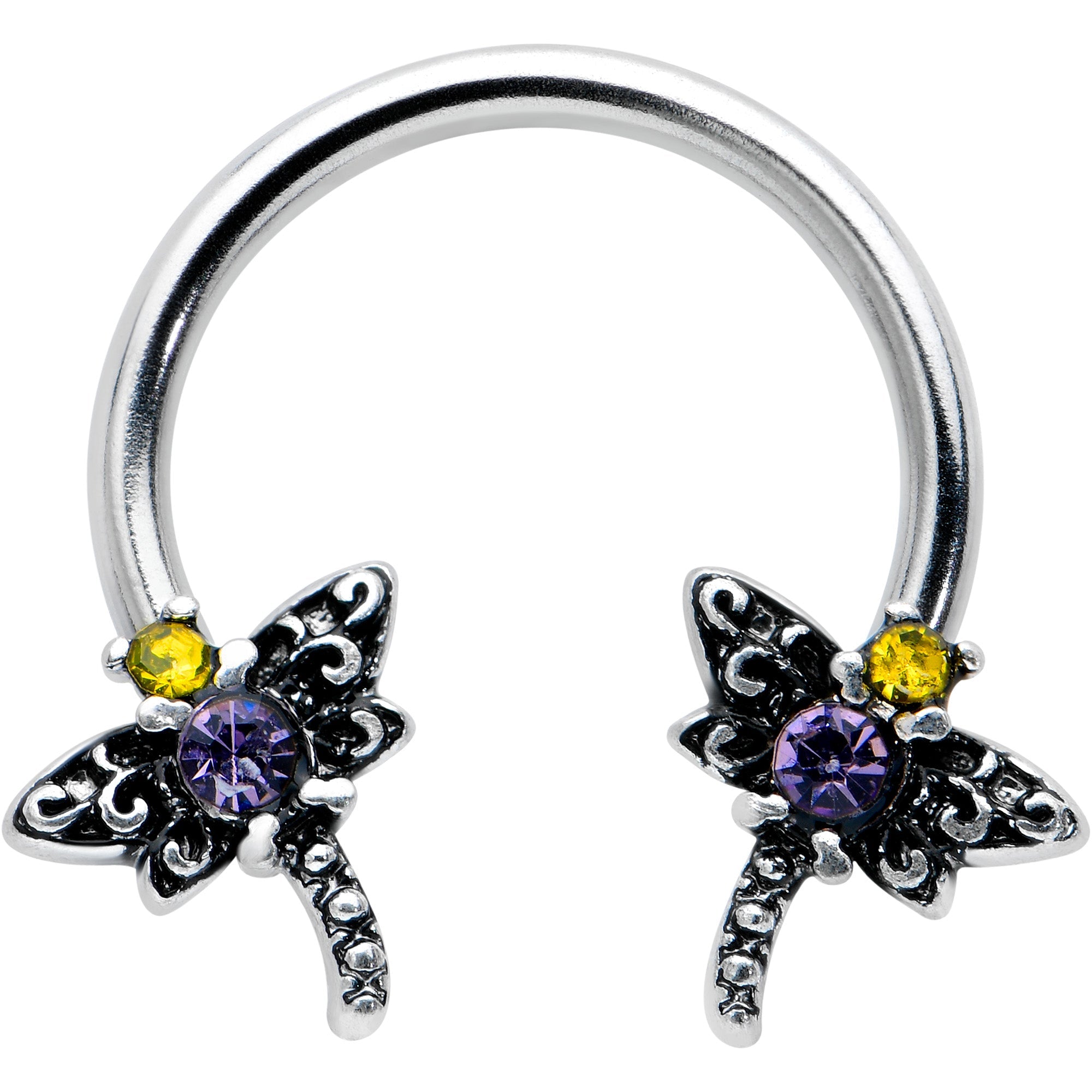 BodyCandy 16G 3/8 Purple Yellow Gem Dragonfly Horseshoe Circular Barbell — main product shot