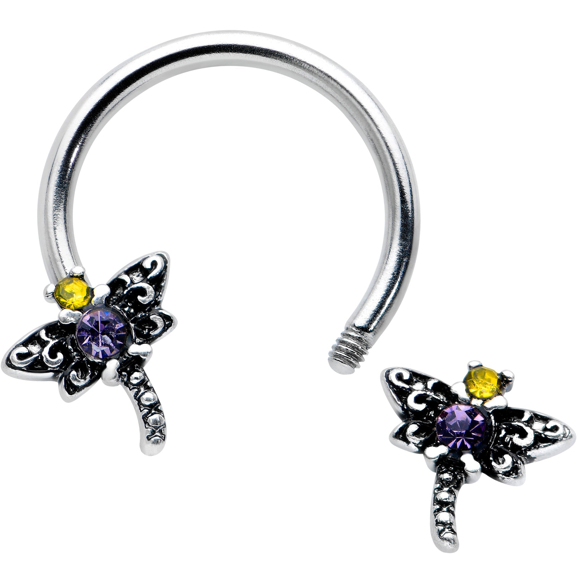 BodyCandy 16G 3/8 Purple Yellow Gem Dragonfly Horseshoe Circular Barbell — detail close-up