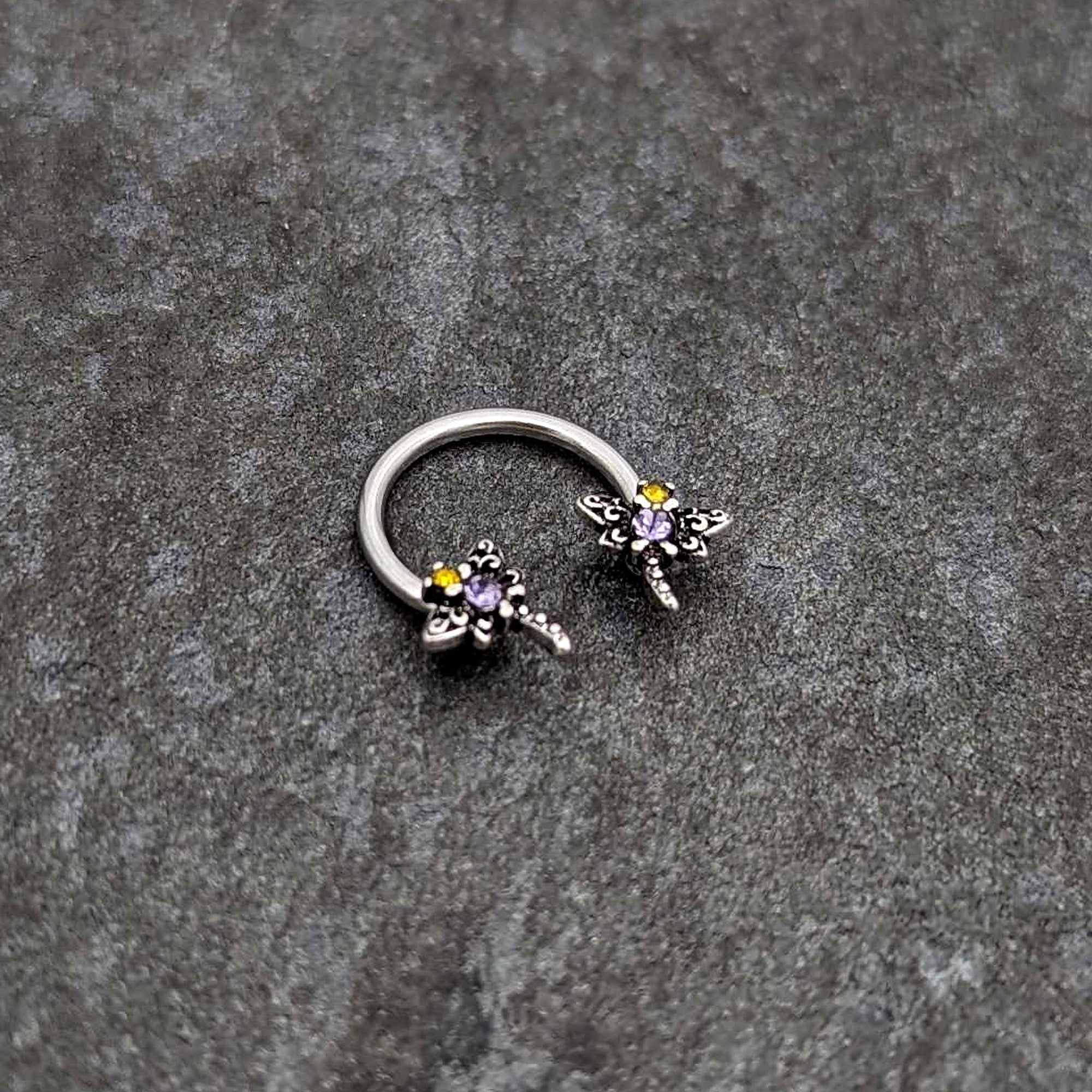 BodyCandy 16G 3/8 Purple Yellow Gem Dragonfly Horseshoe Circular Barbell — side view
