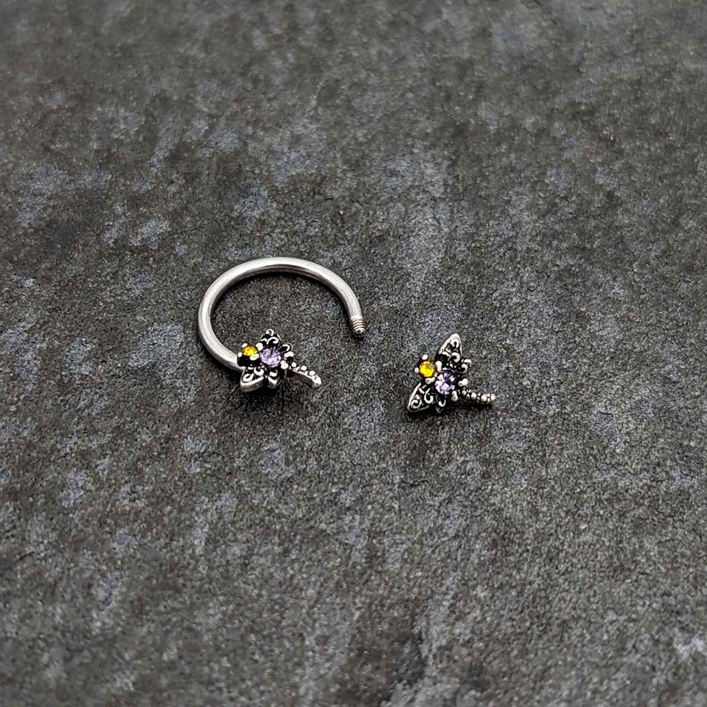 BodyCandy 16G 3/8 Purple Yellow Gem Dragonfly Horseshoe Circular Barbell — back view