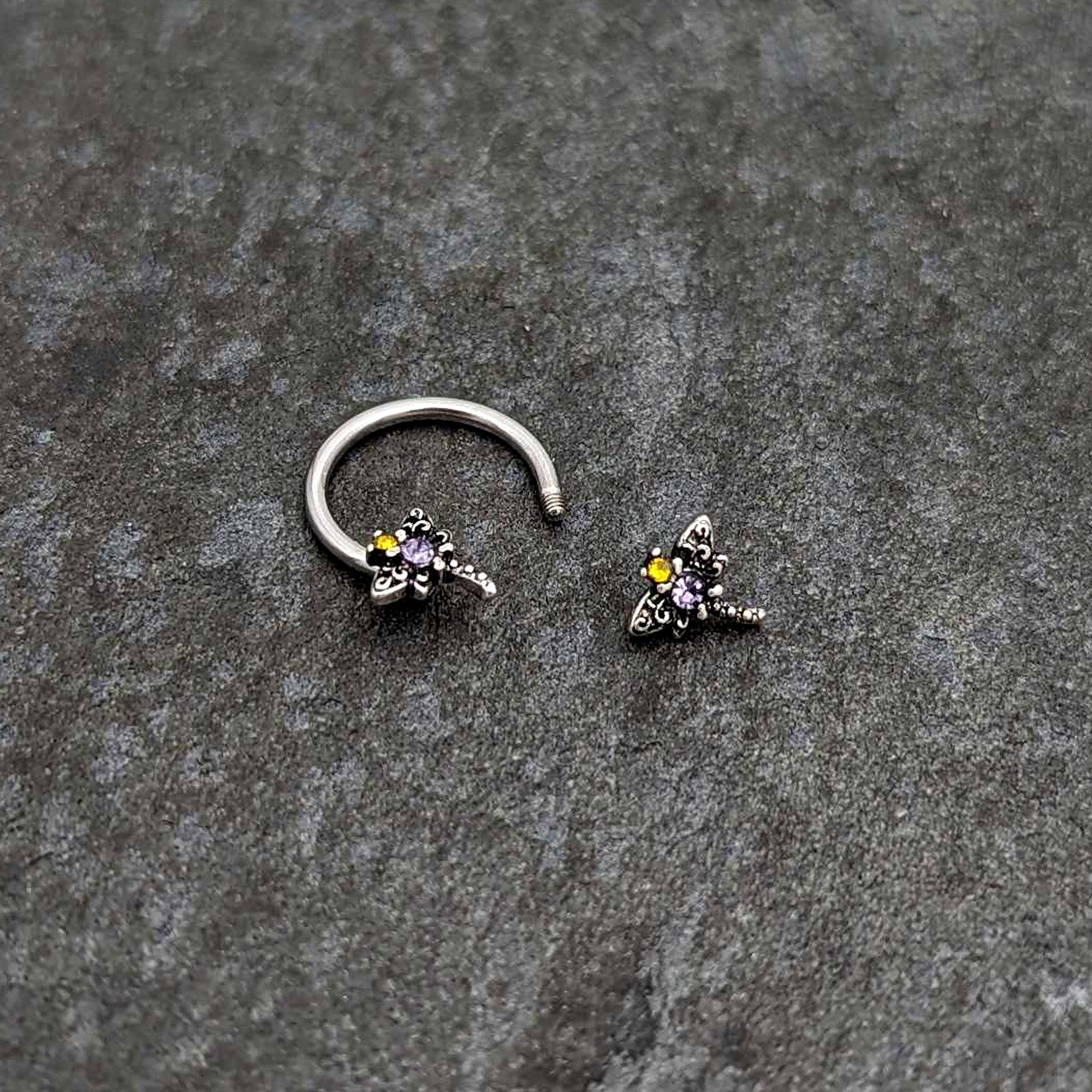 BodyCandy 16G 3/8 Purple Yellow Gem Dragonfly Horseshoe Circular Barbell — back view