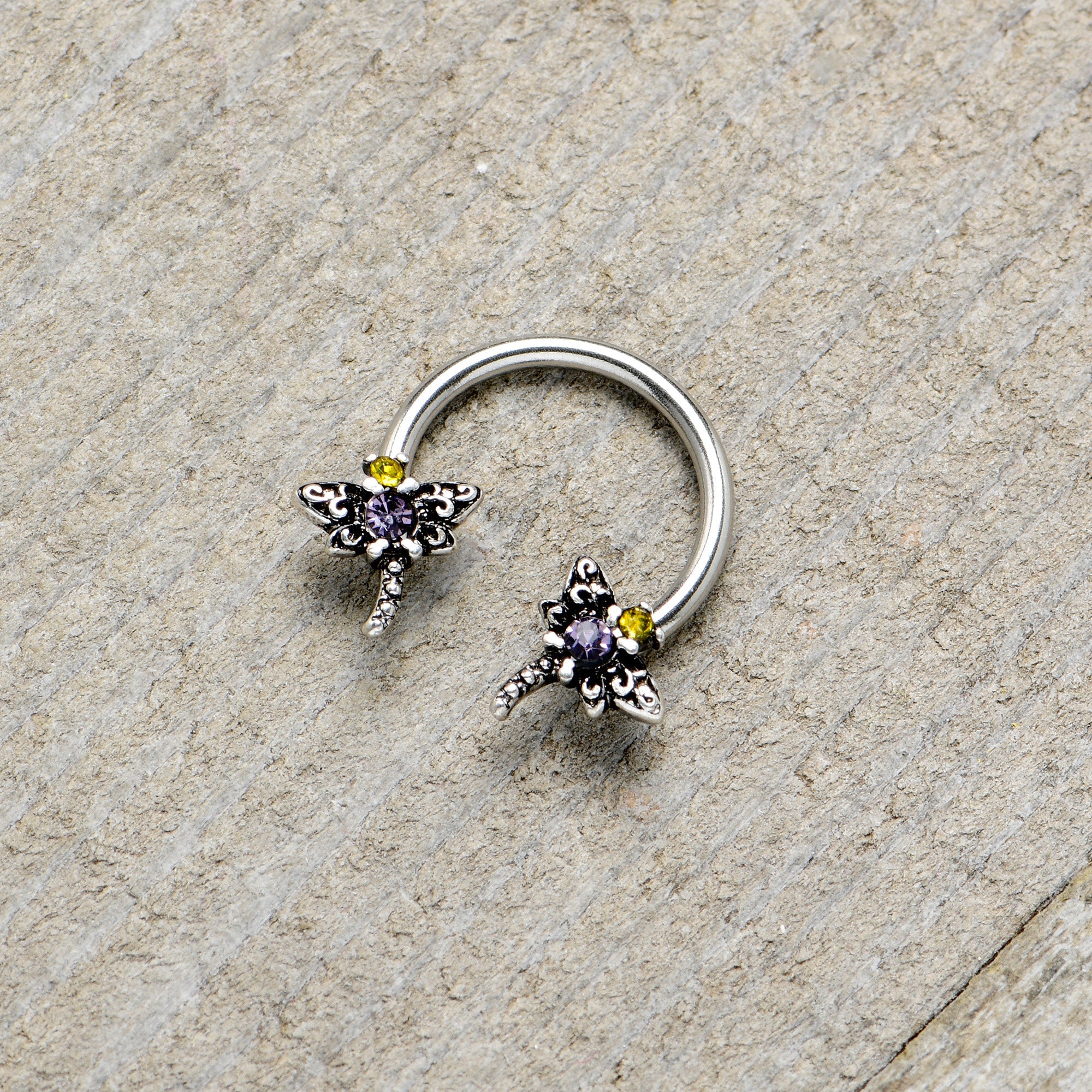 BodyCandy 16G 3/8 Purple Yellow Gem Dragonfly Horseshoe Circular Barbell — alternative angle