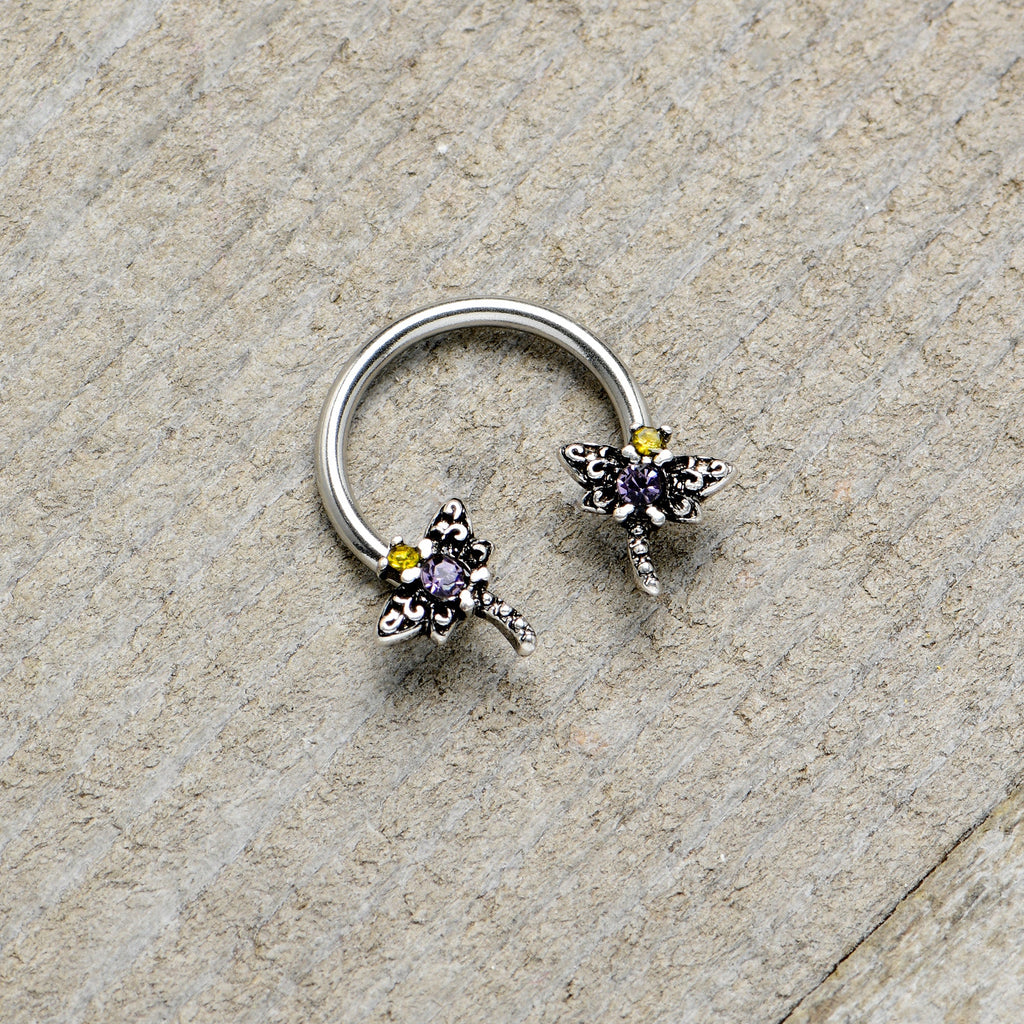 BodyCandy 16G 3/8 Purple Yellow Gem Dragonfly Horseshoe Circular Barbell — in-use photo