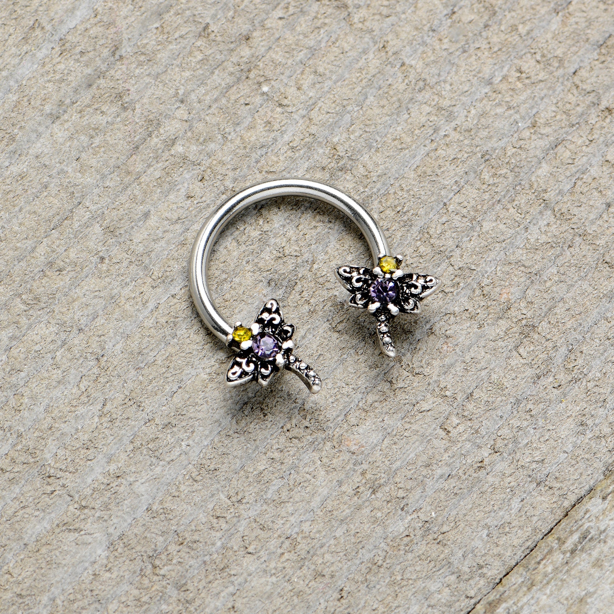 BodyCandy 16G 3/8 Purple Yellow Gem Dragonfly Horseshoe Circular Barbell — in-use photo