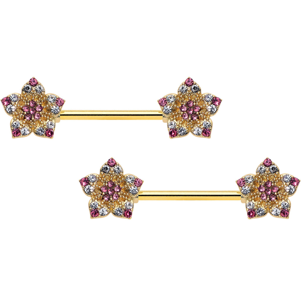 BodyCandy 14G 9/16 Pink Gem Gold Tone Texture Star Barbell Nipple Ring Set — main product shot