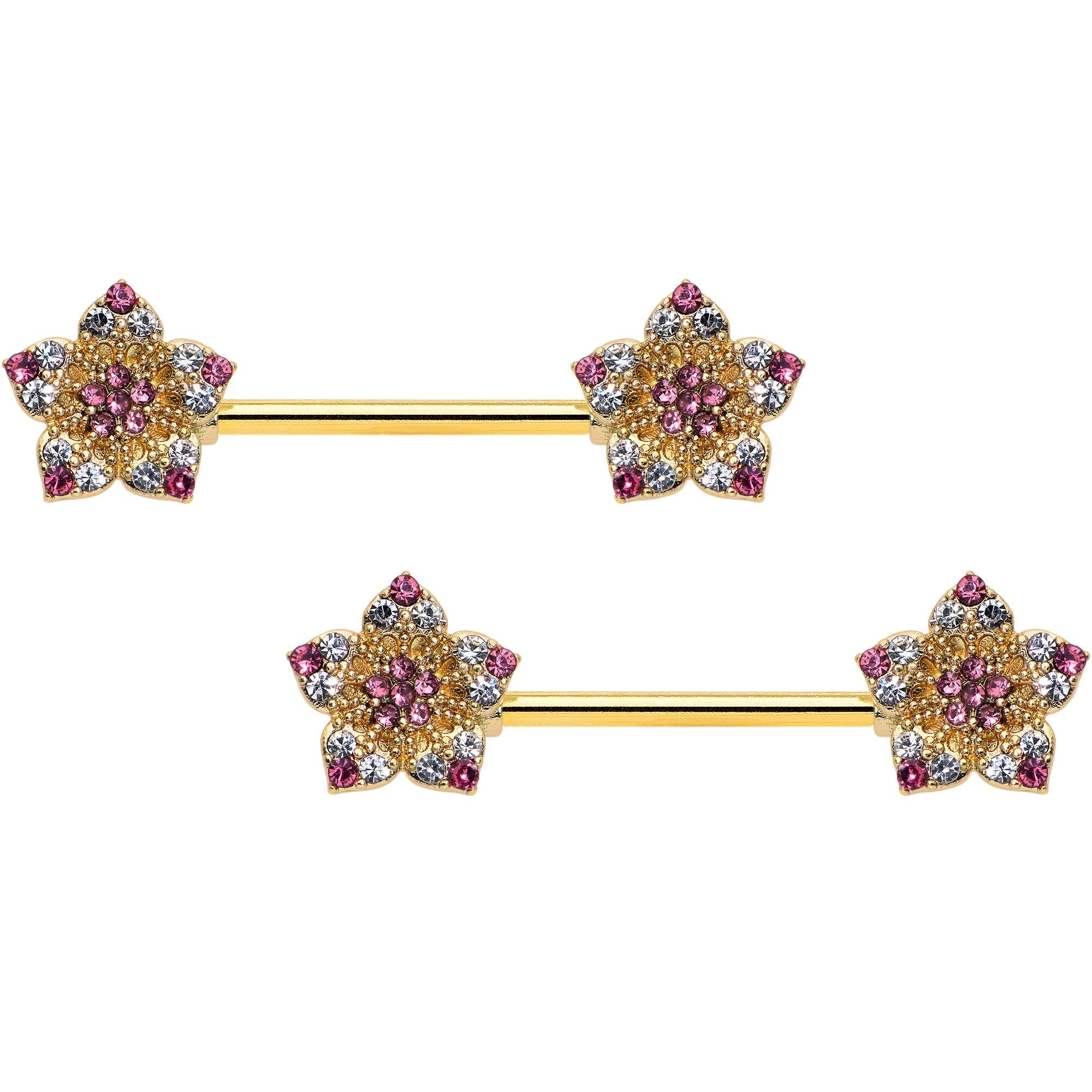 BodyCandy 14G 9/16 Pink Gem Gold Tone Texture Star Barbell Nipple Ring Set — main product shot