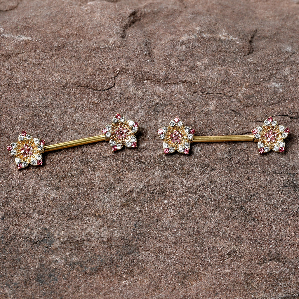 BodyCandy 14G 9/16 Pink Gem Gold Tone Texture Star Barbell Nipple Ring Set — detail close-up