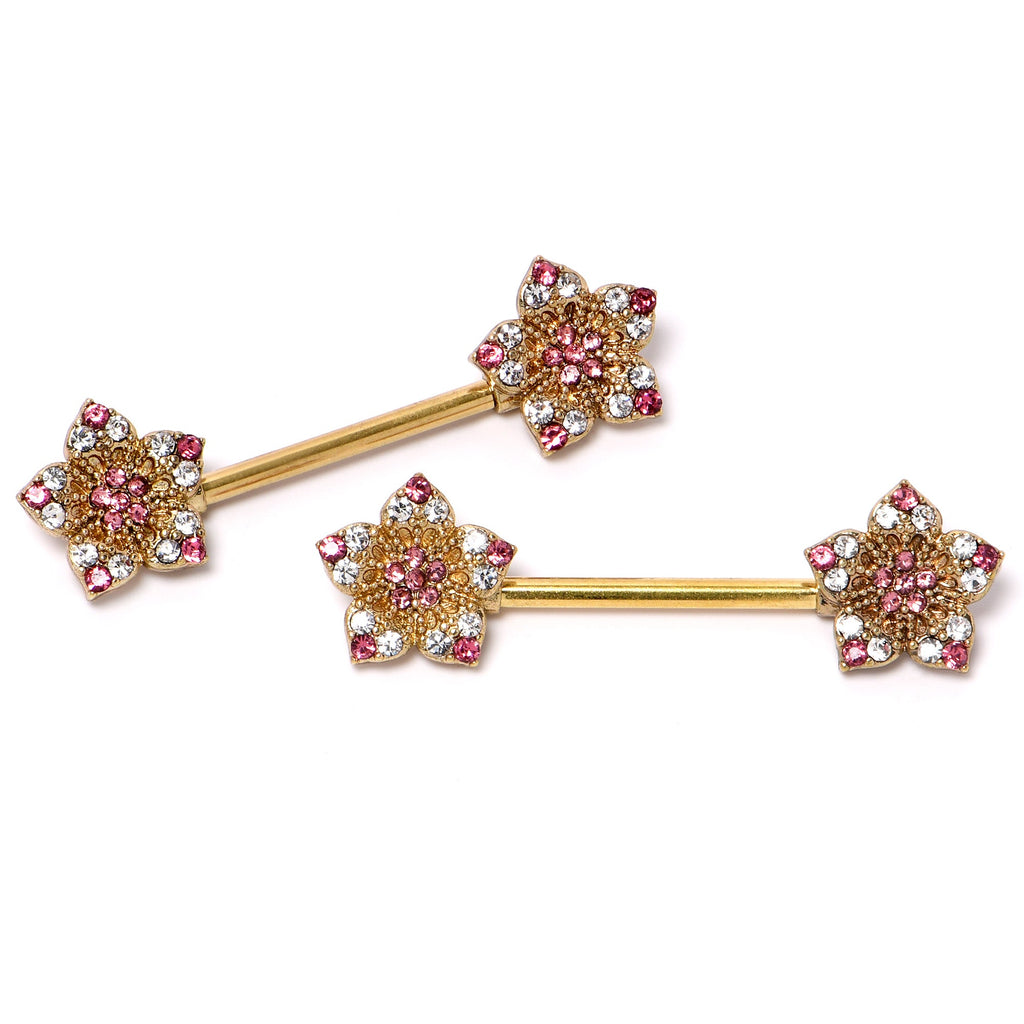 BodyCandy 14G 9/16 Pink Gem Gold Tone Texture Star Barbell Nipple Ring Set — lifestyle context