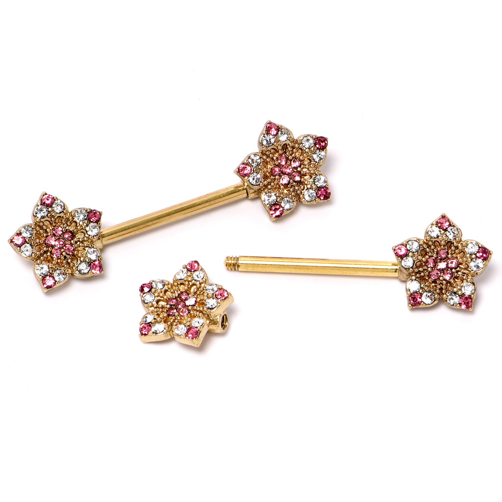 BodyCandy 14G 9/16 Pink Gem Gold Tone Texture Star Barbell Nipple Ring Set — side view