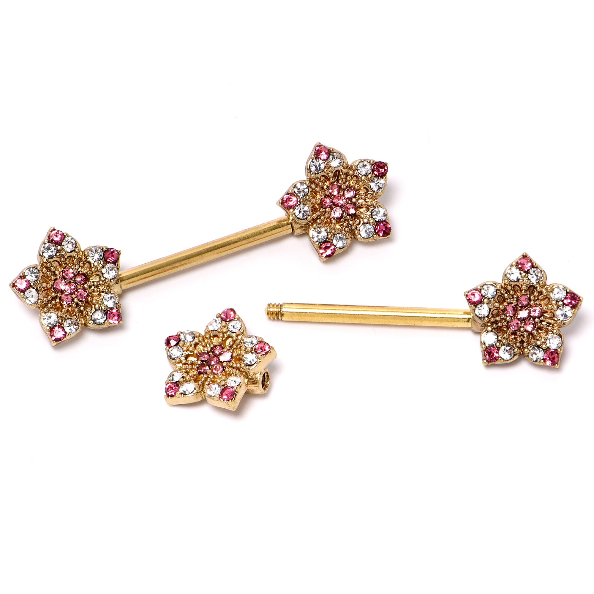 BodyCandy 14G 9/16 Pink Gem Gold Tone Texture Star Barbell Nipple Ring Set — side view