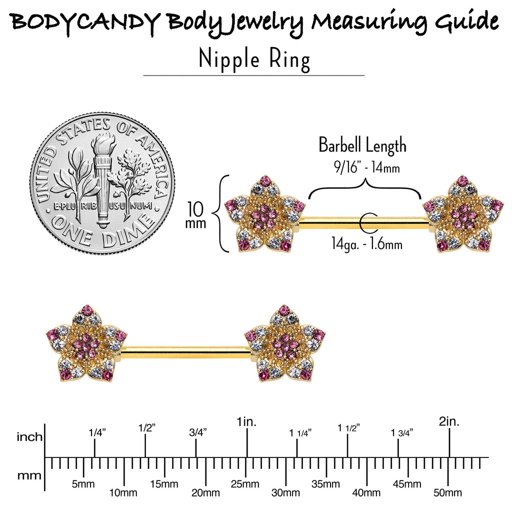 BodyCandy 14G 9/16 Pink Gem Gold Tone Texture Star Barbell Nipple Ring Set — in-use photo
