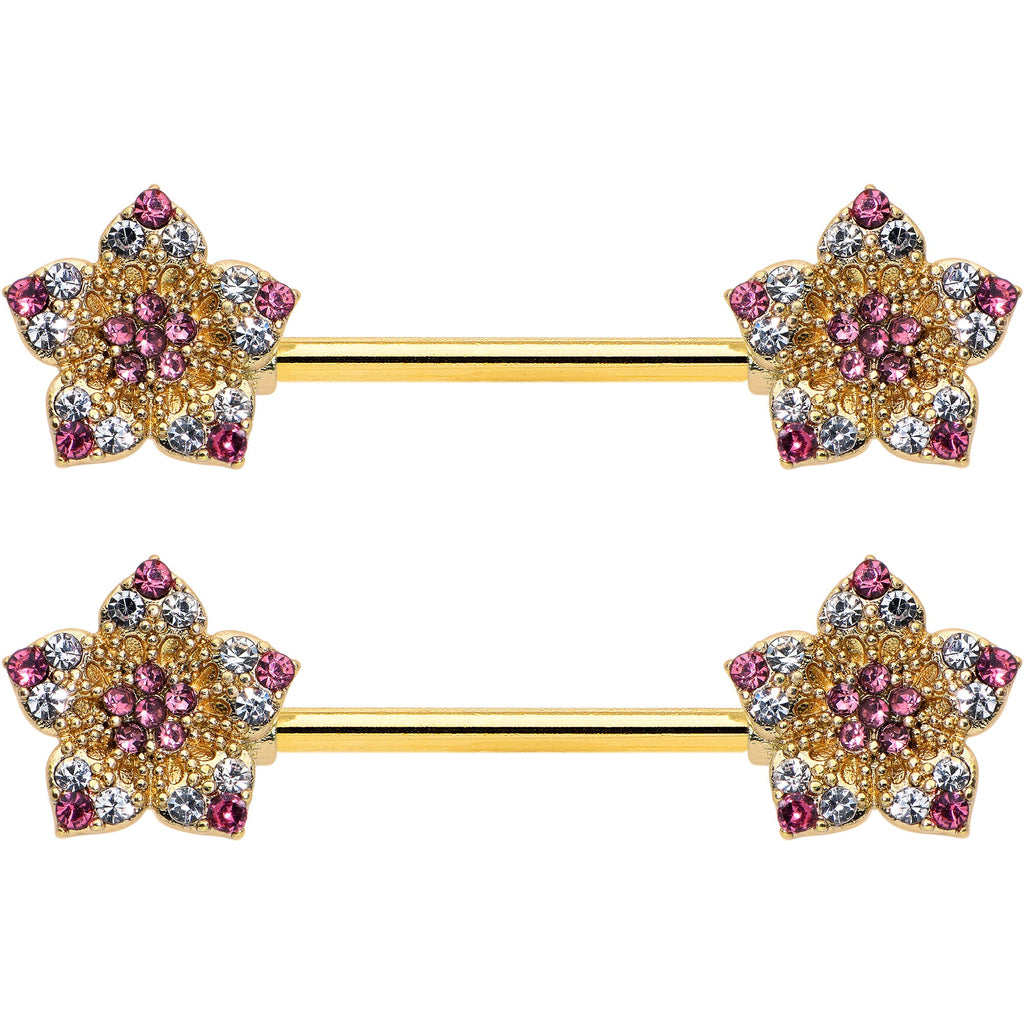 BodyCandy 14G 9/16 Pink Gem Gold Tone Texture Star Barbell Nipple Ring Set — size reference