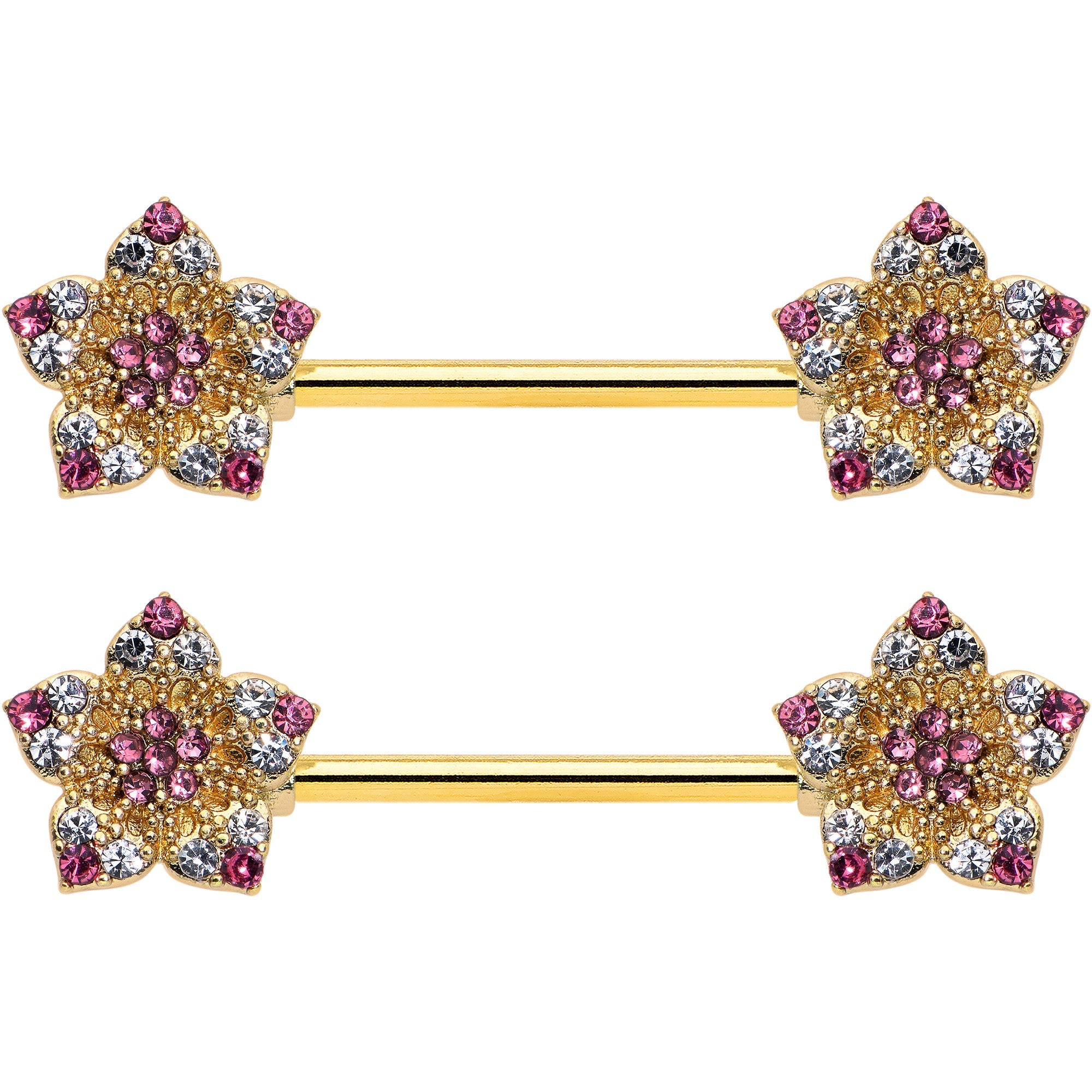 BodyCandy 14G 9/16 Pink Gem Gold Tone Texture Star Barbell Nipple Ring Set — size reference