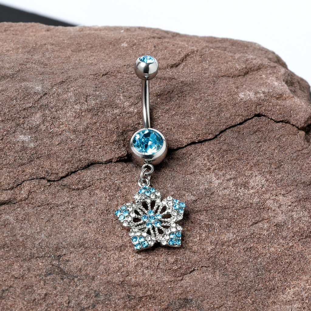BodyCandy Blue Gem Twin Flower Dangle Belly Ring — detail close-up