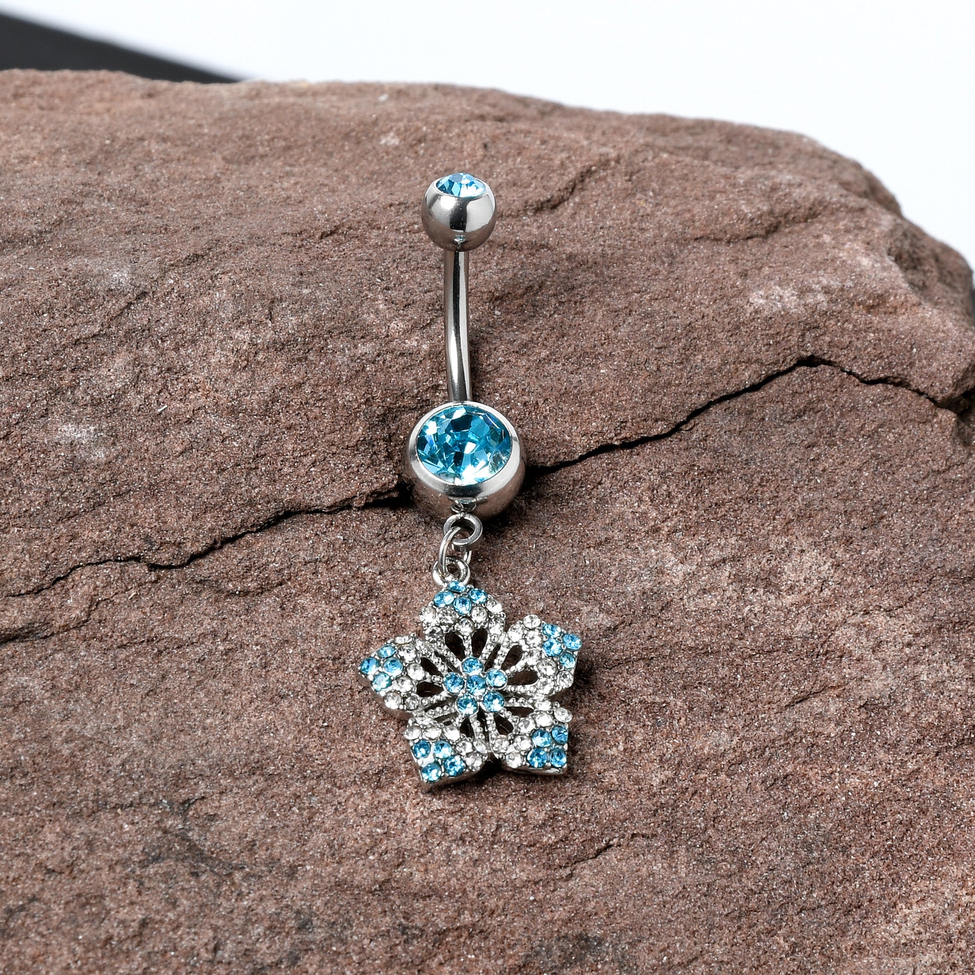 BodyCandy Blue Gem Twin Flower Dangle Belly Ring — detail close-up